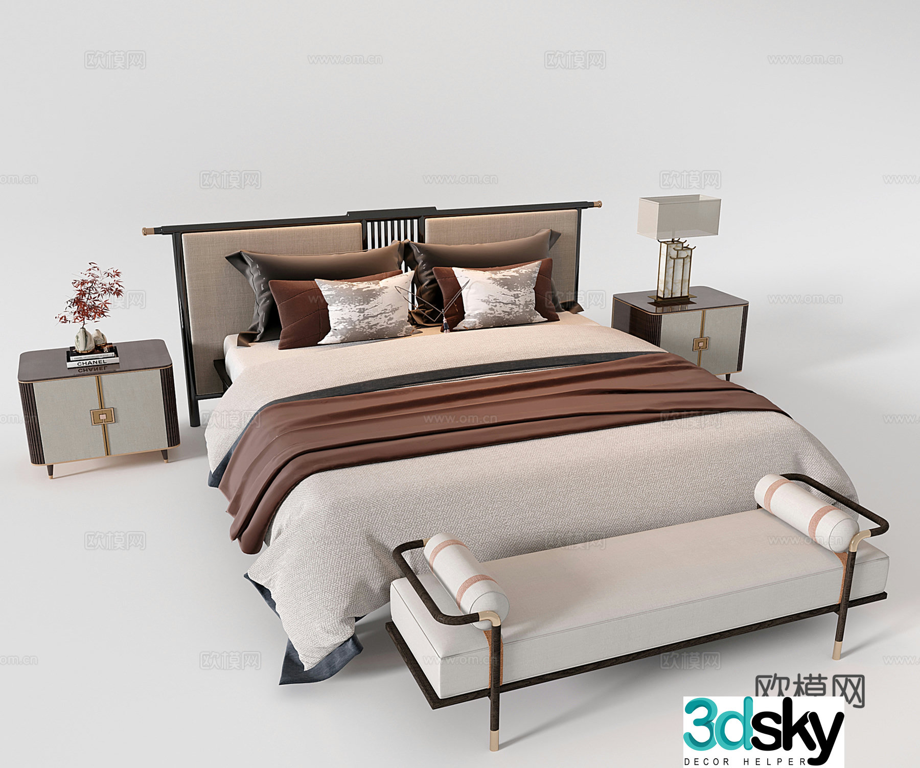 New Chinese style wooden double bed bed nightstand bed stool 3D model