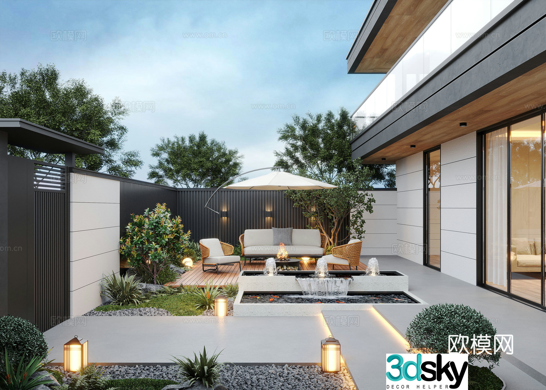 Modern courtyard landscape courtyard garden outdoor leisure chair outdoor dining table 3d model