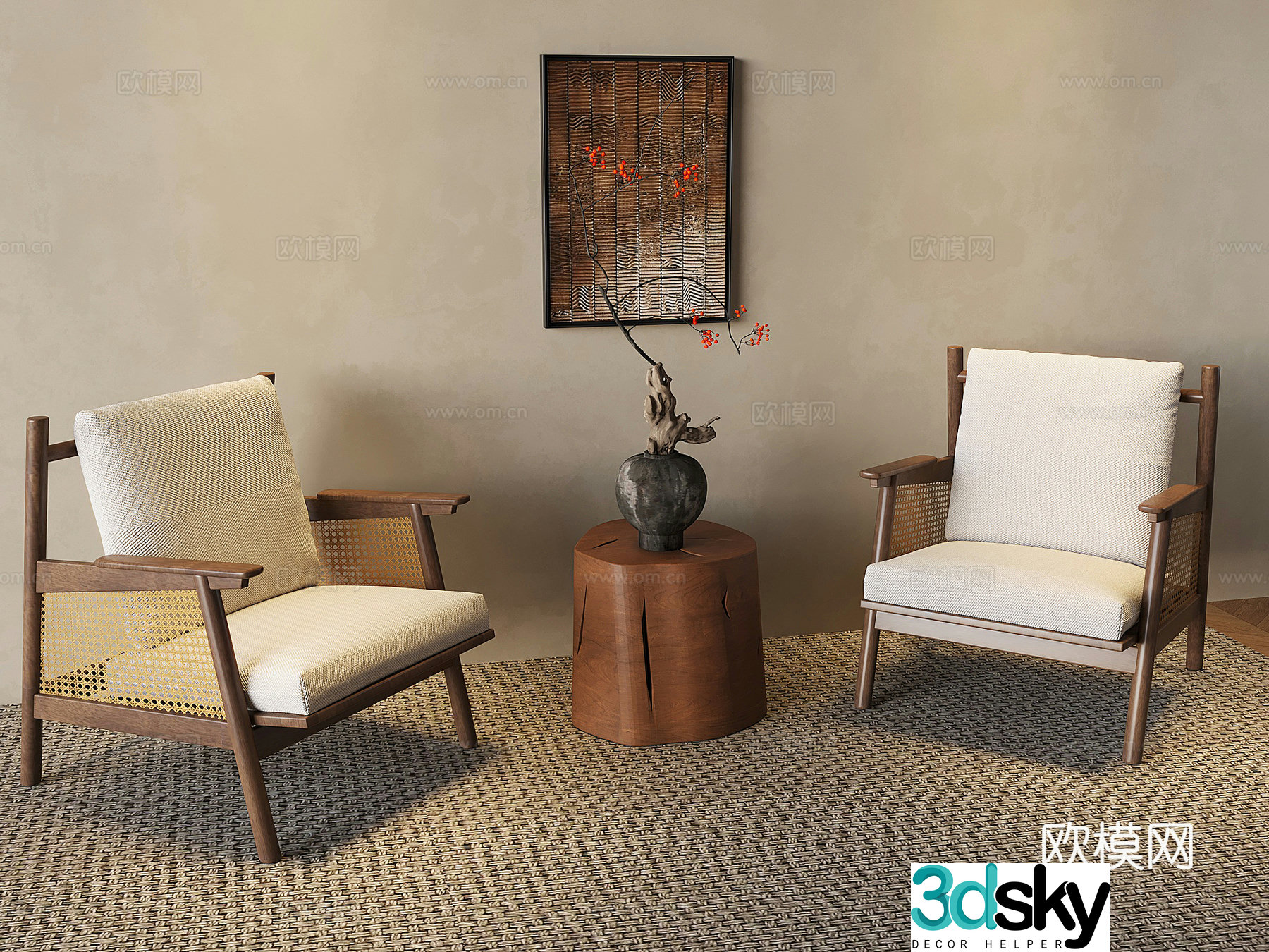 Wasabi Middle Style Tea Table and Chair Rattan Solid Wood Sofa Chair Flowers Tea Table Round Vase 3D Model
