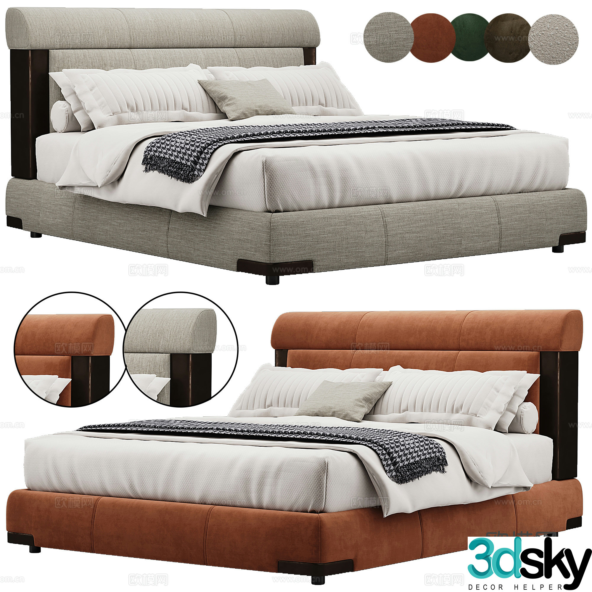 Bedroom modern double bed pillow bedding 3d model