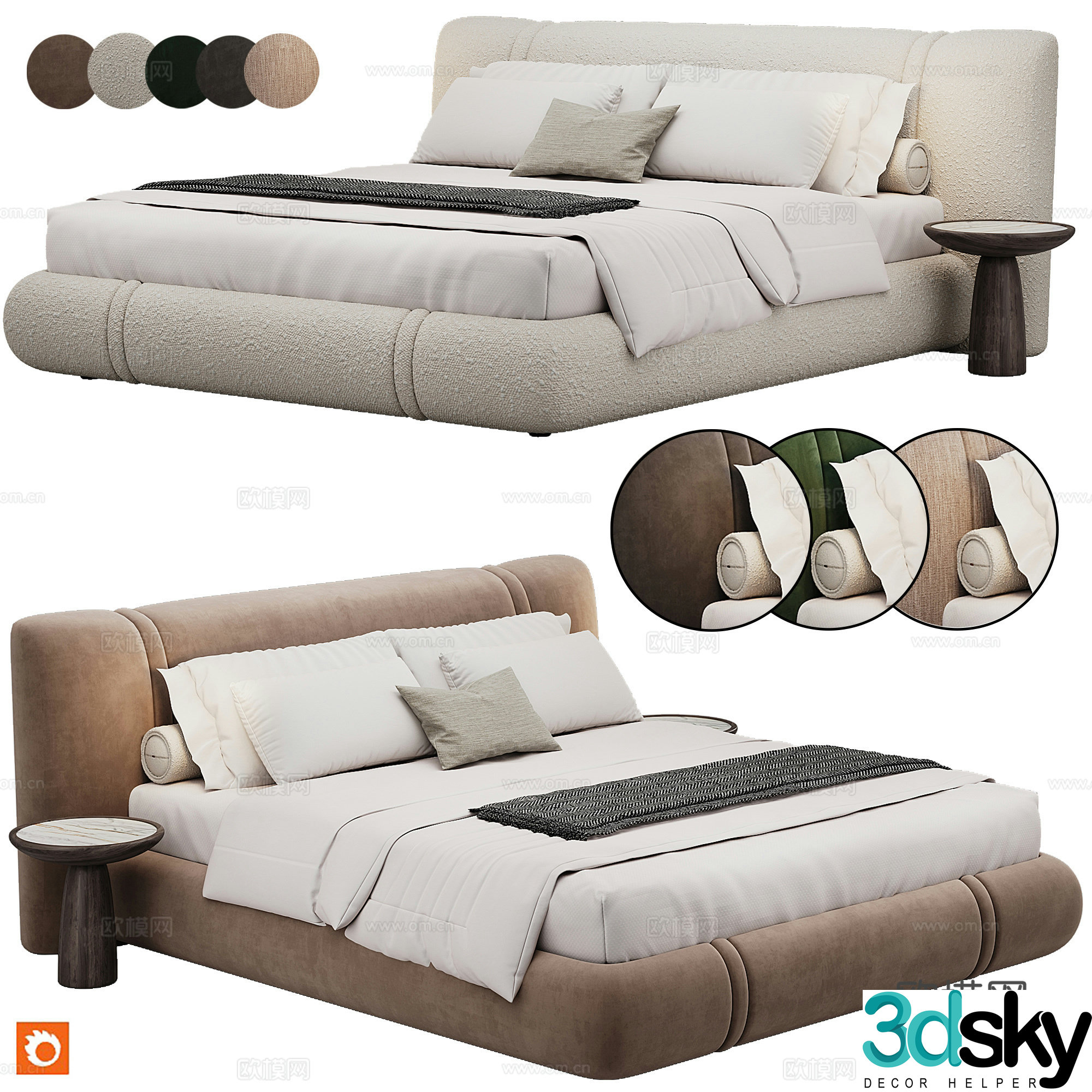 Bedroom modern double bed pillow bedding 3d model