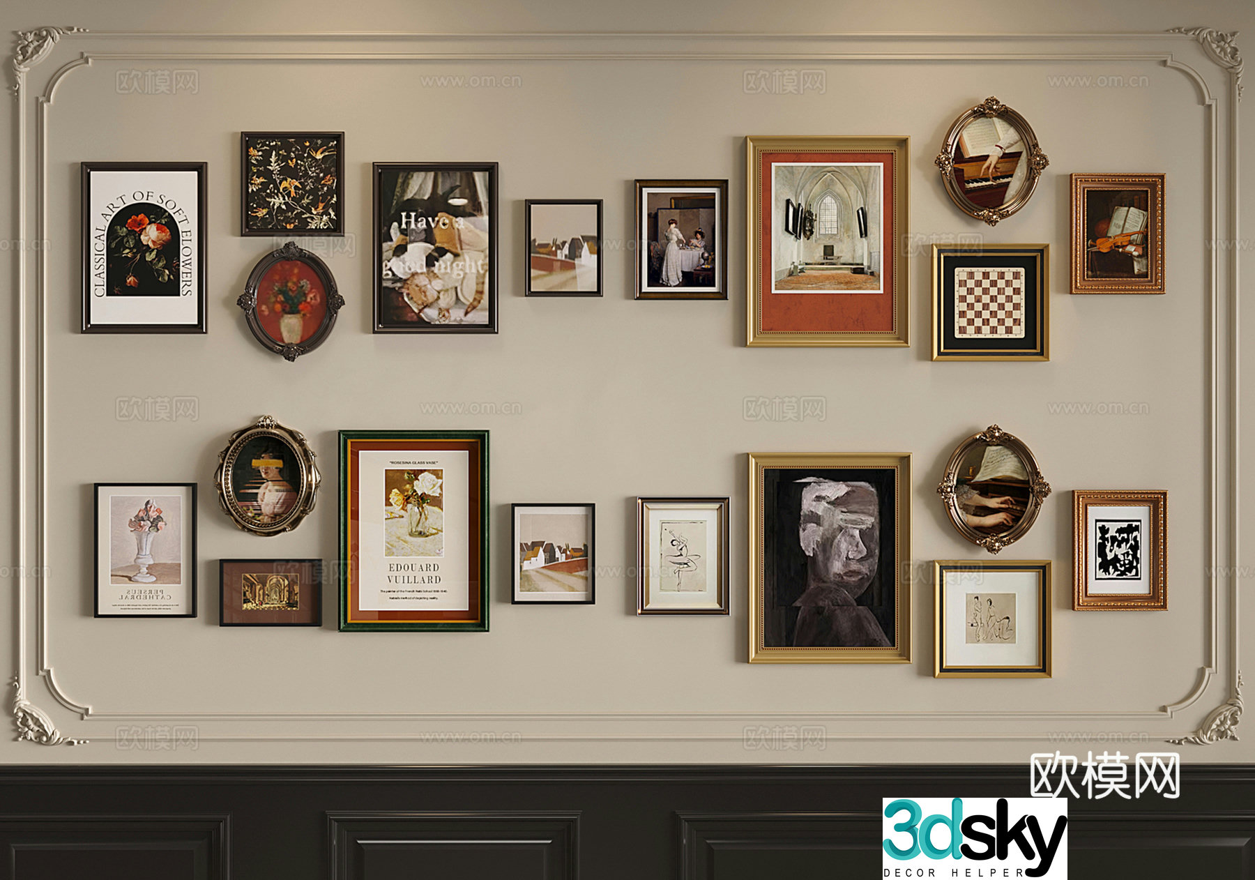 French hanging paintings retro decorative paintings murals background wall hanging paintings 3D model
