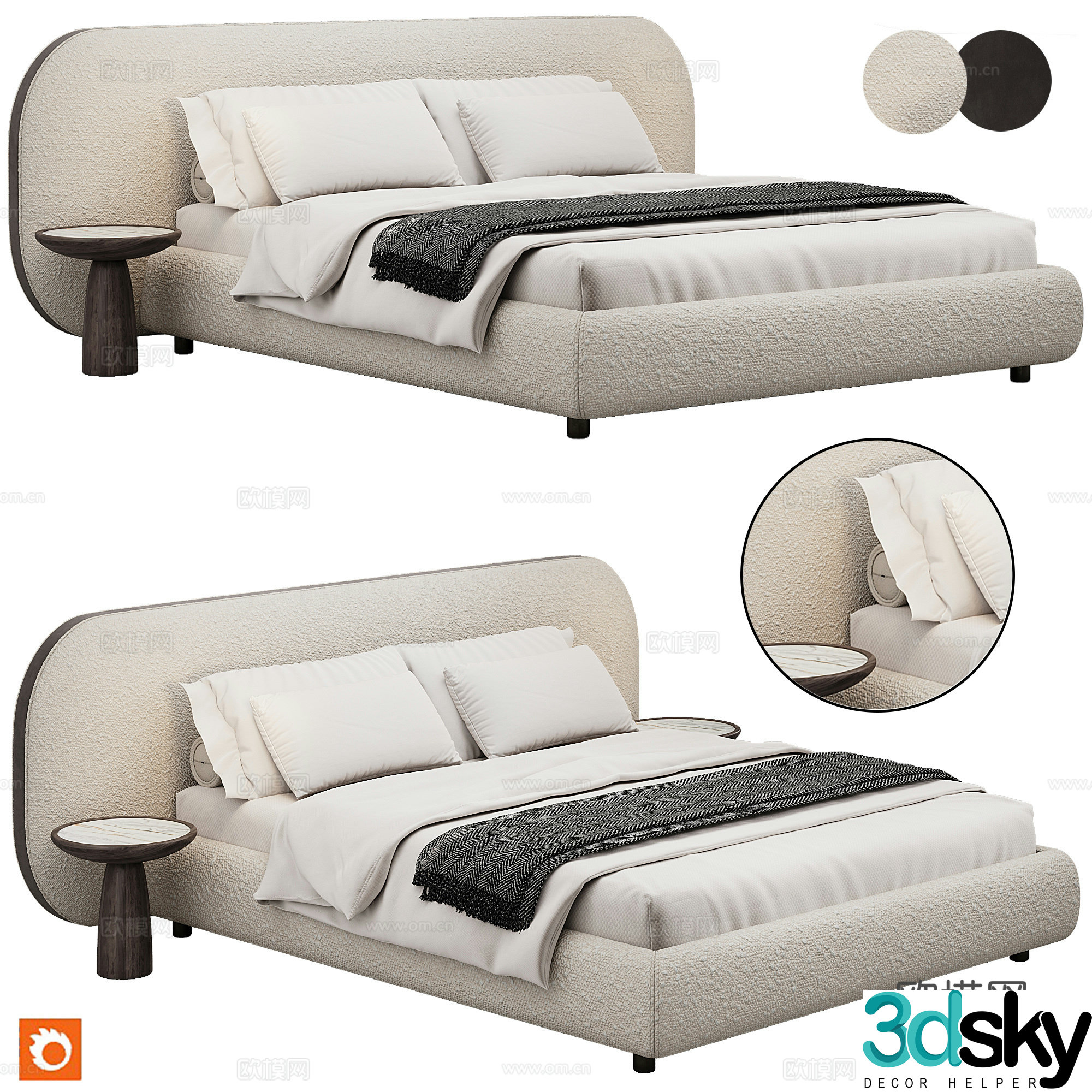 Bedroom modern double bed pillow bedding 3d model