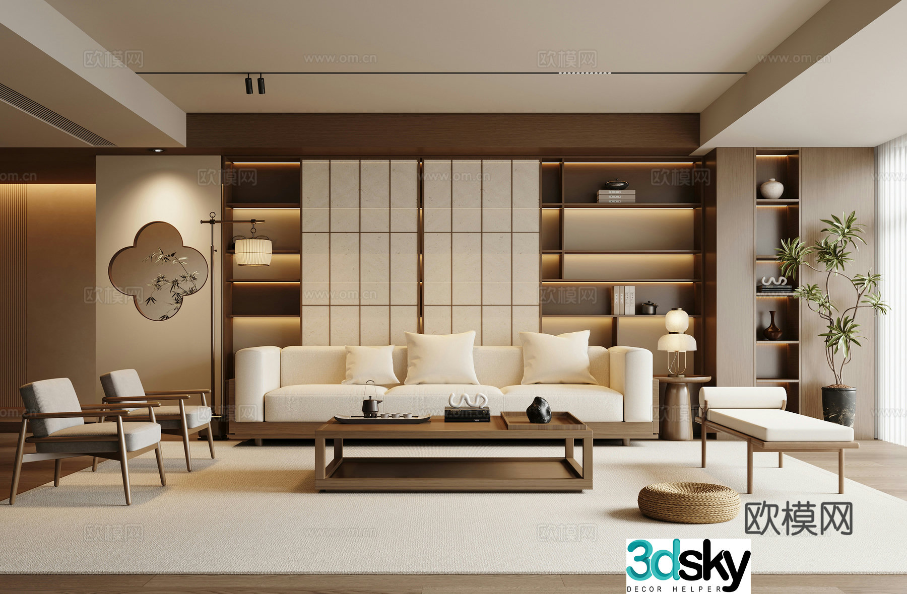 New Chinese Zen Living Room Song’s Living Room Sofa Coffee Table Combination 3D Model