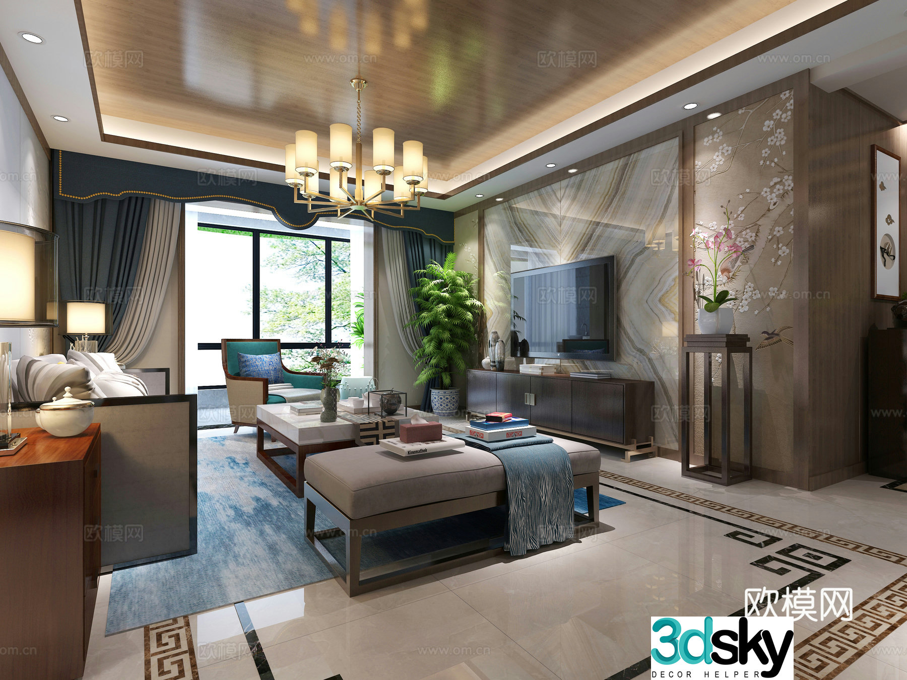 New Chinese style living and dining room sofa coffee table chandelier TV cabinet 3D model