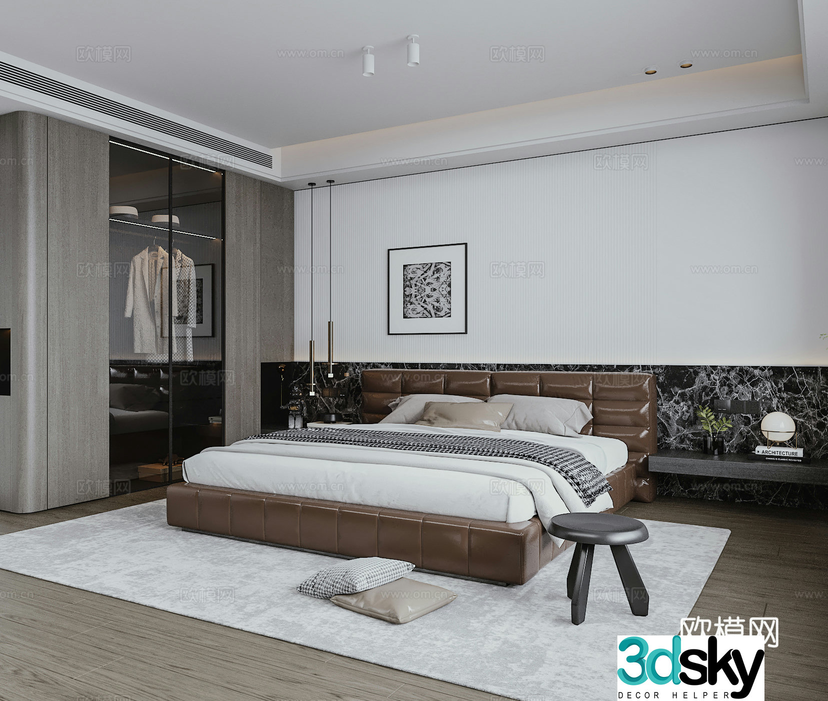 Modern bedroom high-end leather double bed hotel apartment room dark black room wardrobe 3d model