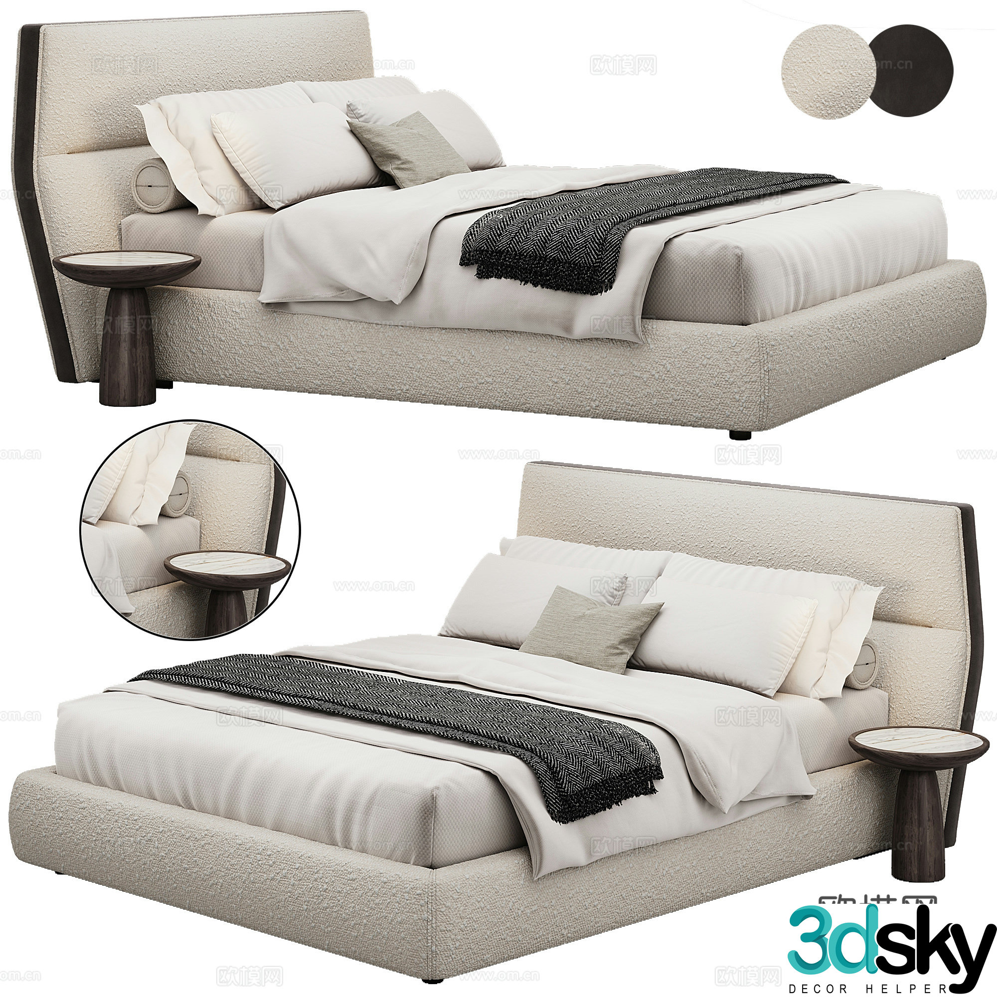Bedroom modern double bed pillow bedding 3d model