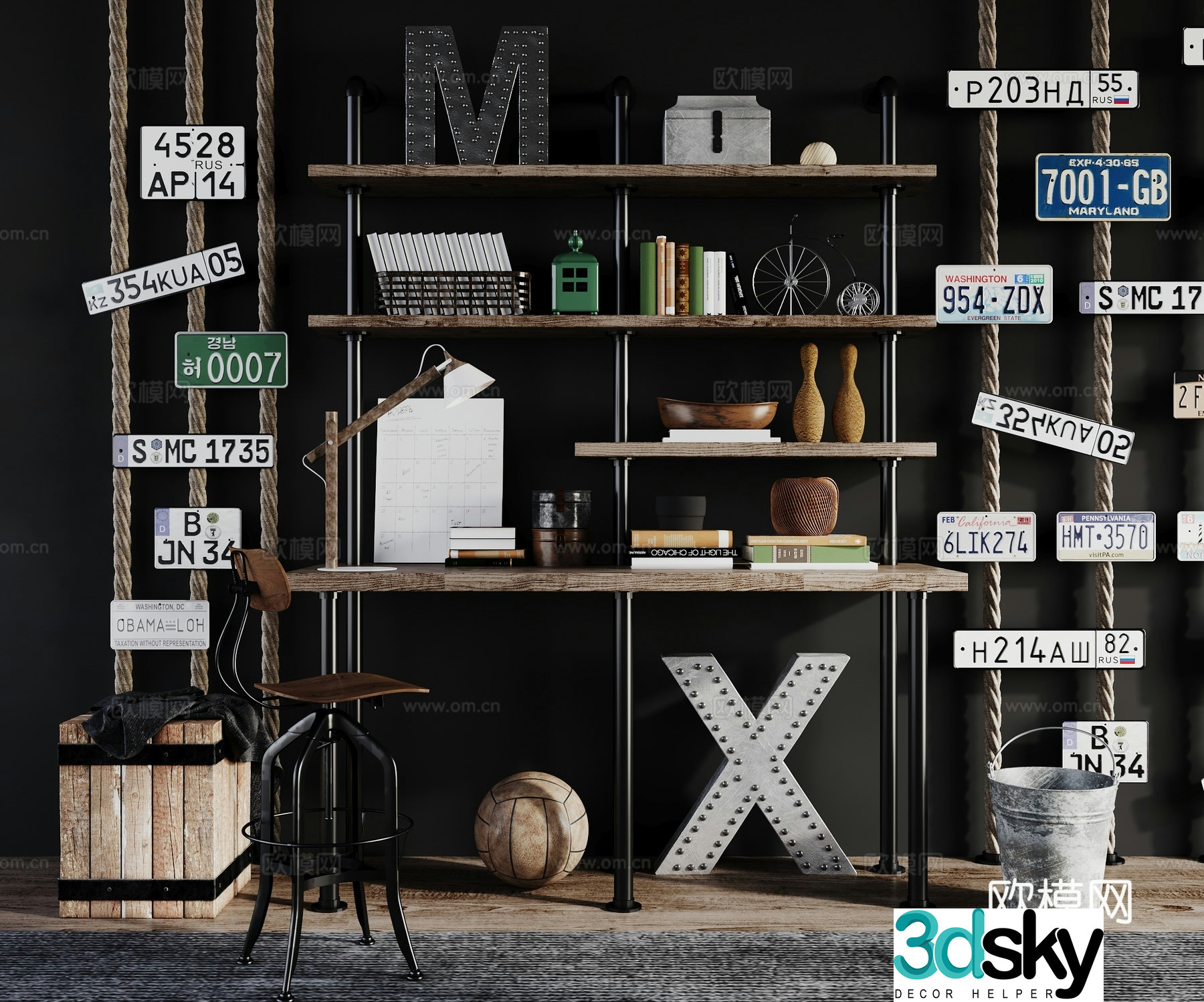 Industrial style desk bookshelf ornament single chair 3d model