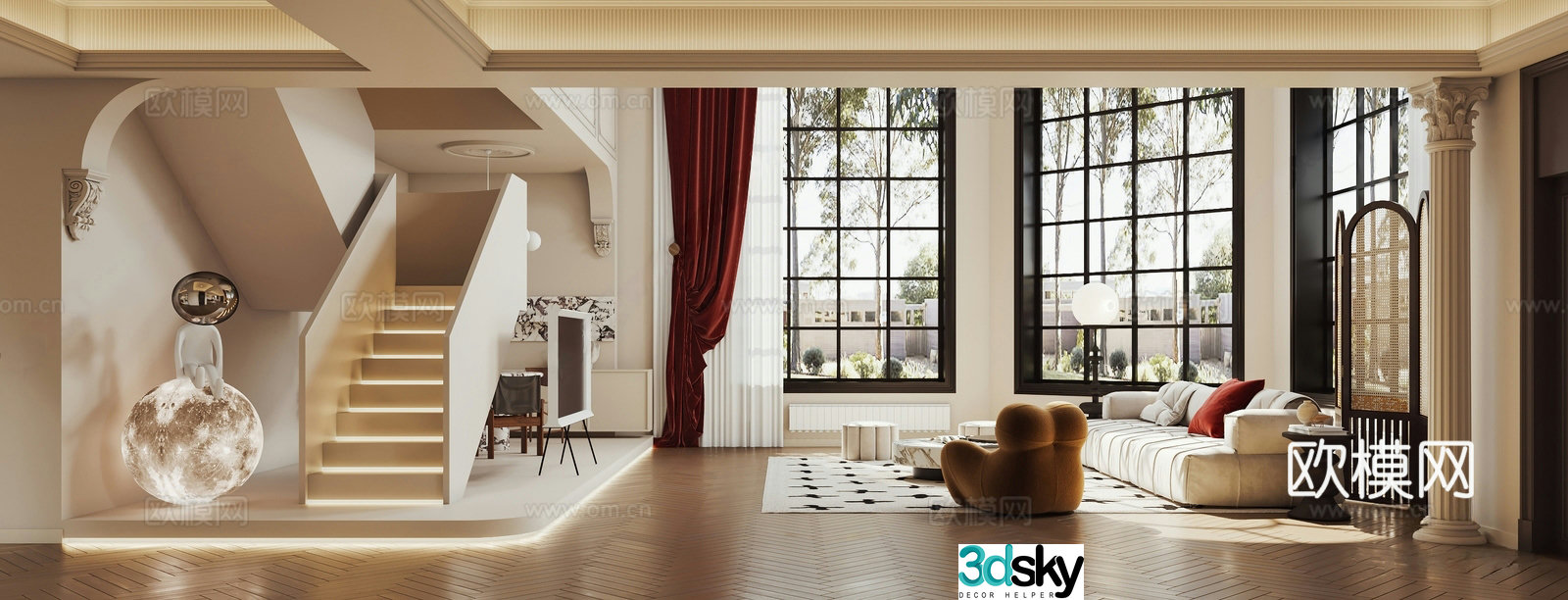 French villa living room stairs sofa and coffee table combination light luxury living room corner stairs moonlight 3d model