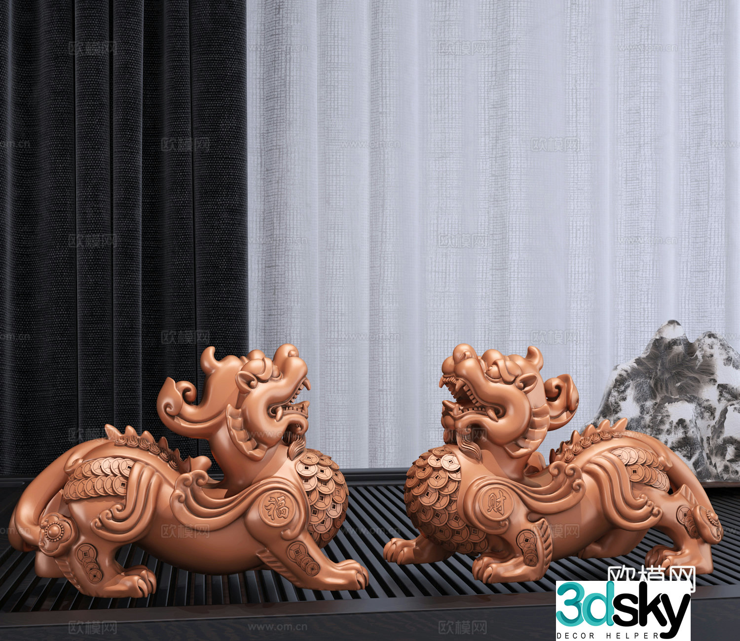 Modern new Chinese style money Pixiu sculpture art ornament combination 3D model