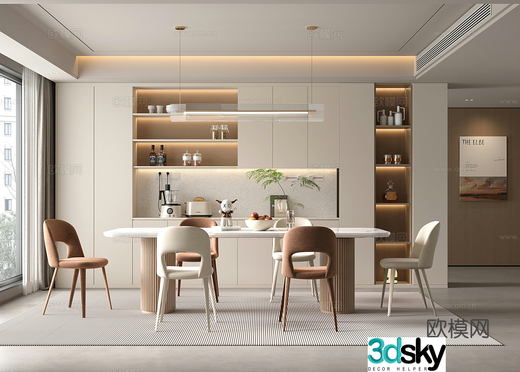 Modern restaurant dining table and chair wine cabinet 3d model