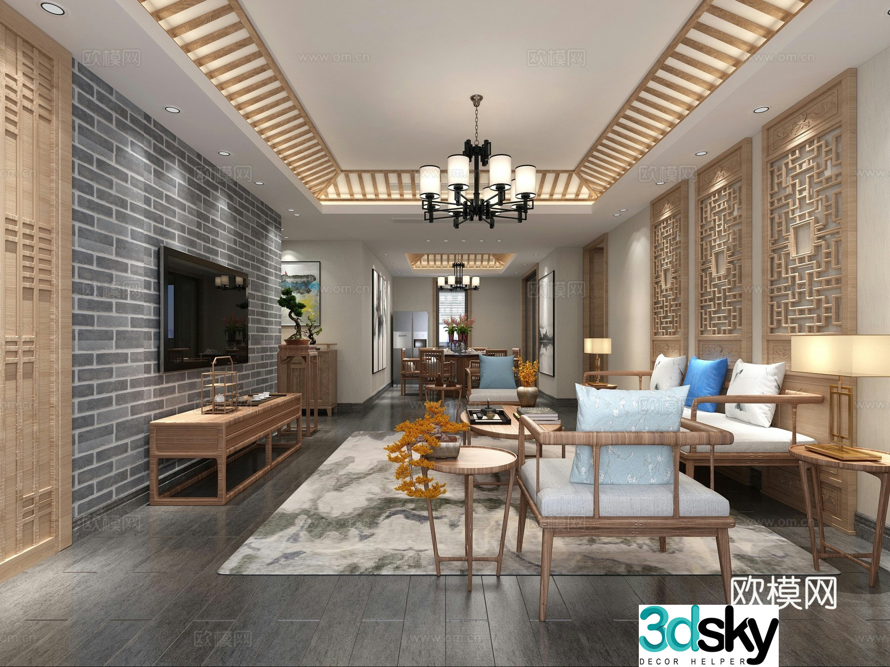Chinese living and dining room sofa decoration coffee table chandeliers TV cabinet carpet 3d model