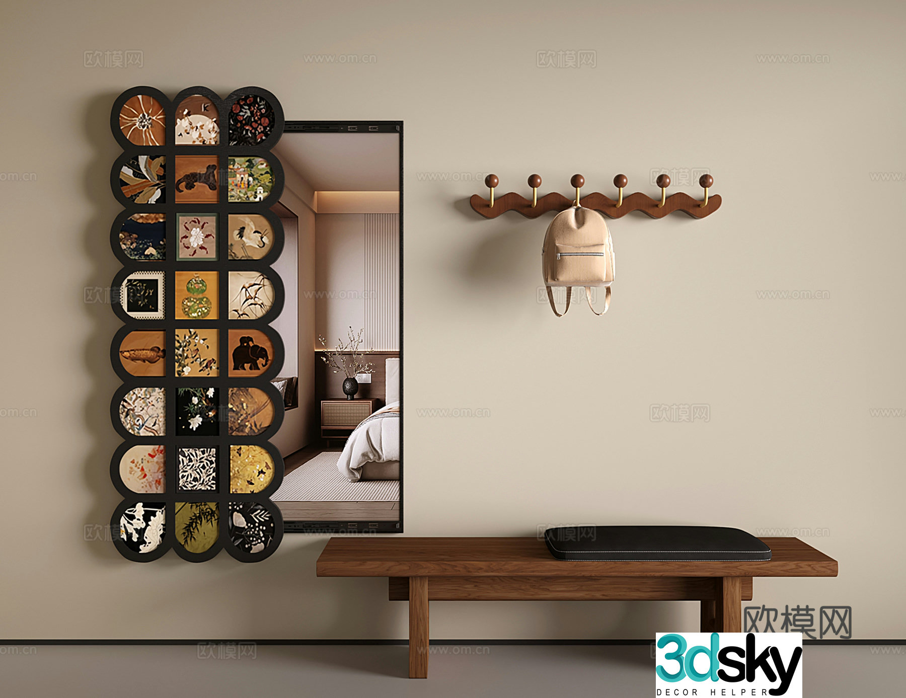 Medium retro mirror dressing mirror full body mirror shoe change stool clothes hook 3D model