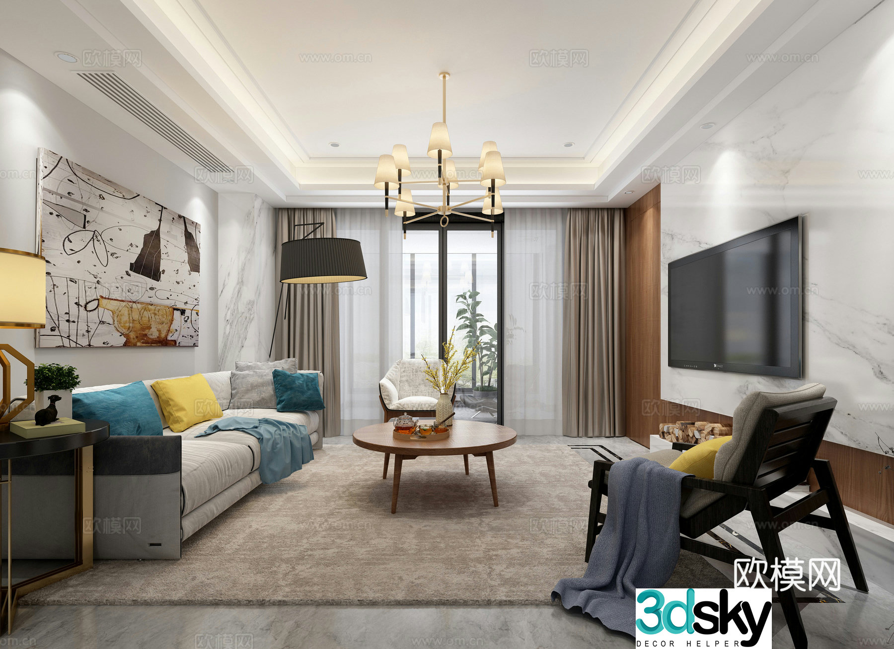 Modern living and dining room sofa decorative painting TV cabinet chandelier cabinet 3d model