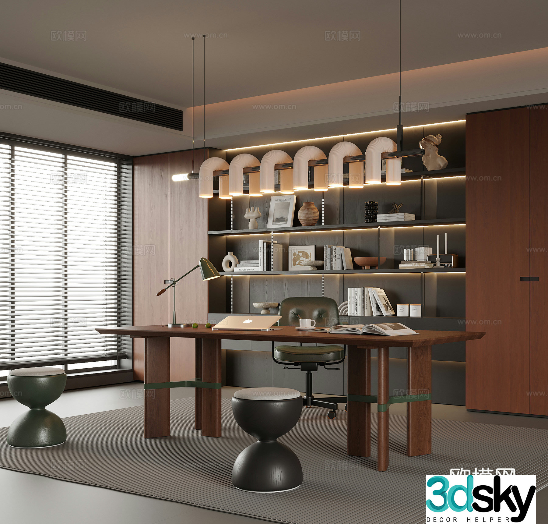 Modern study desk and chair bookcase 3d model