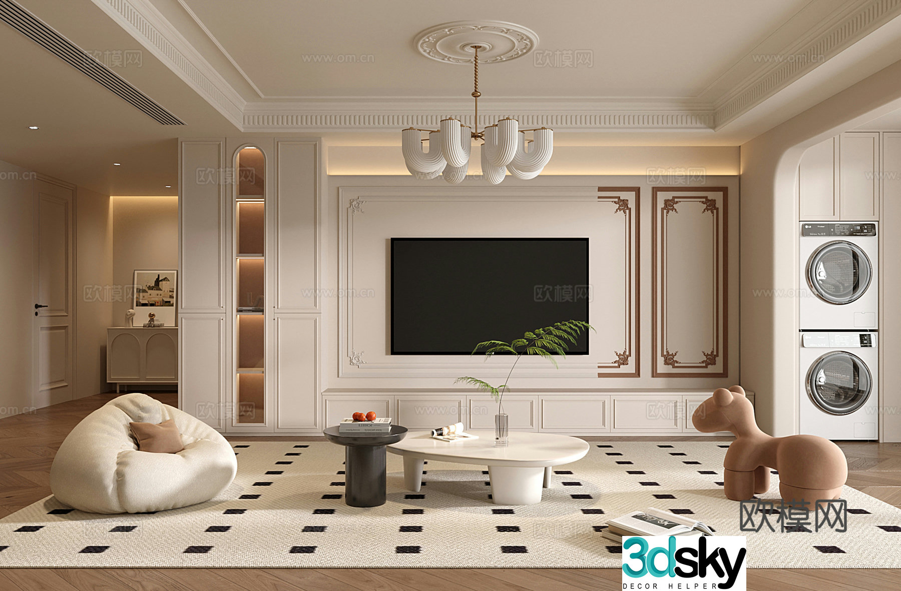 French cream home living room TV background wall cabinet lazy sofa chandelier 3d model