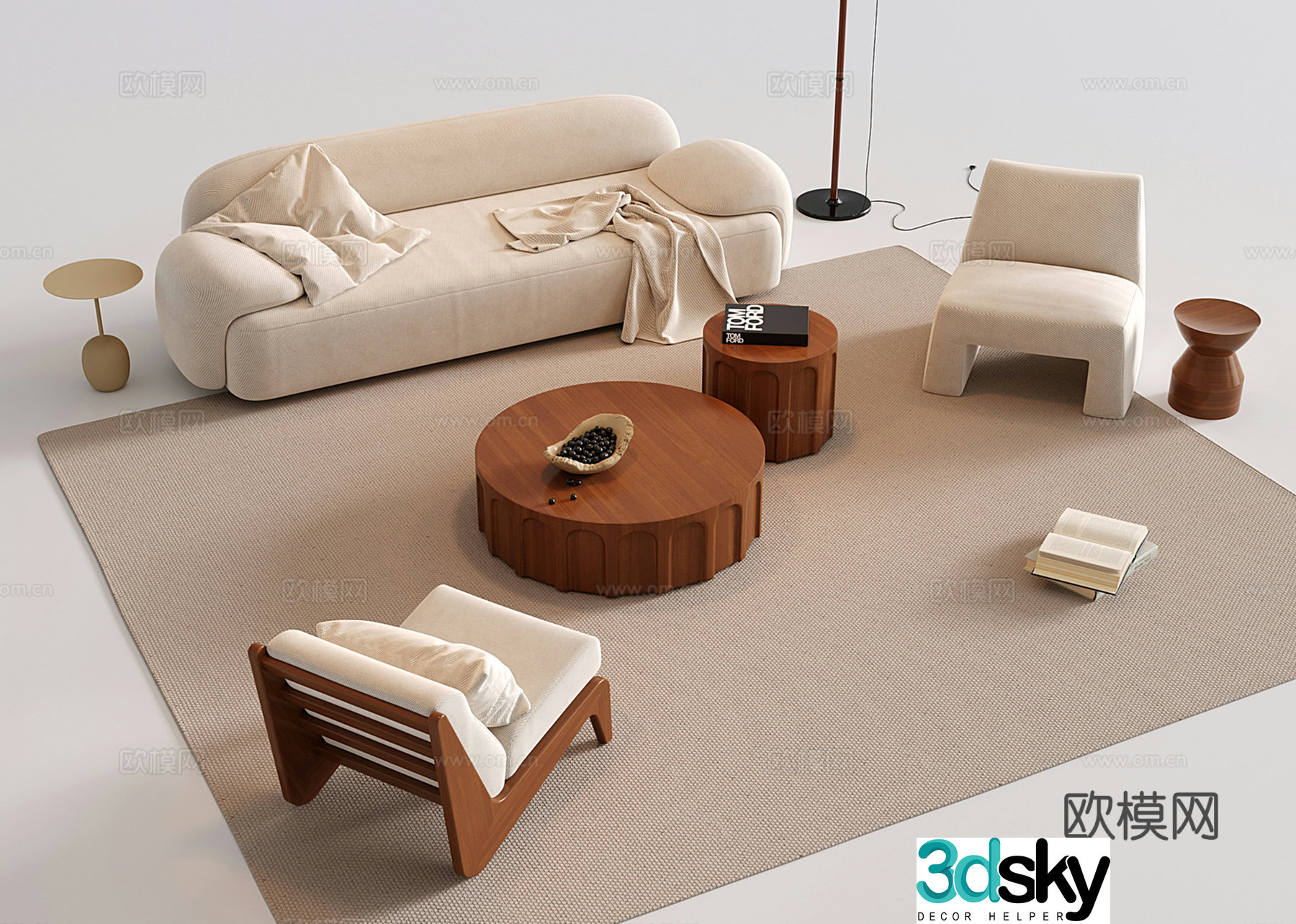 Modern medieval sofa tea table combination three-person sofa leisure chair tea table 3d model