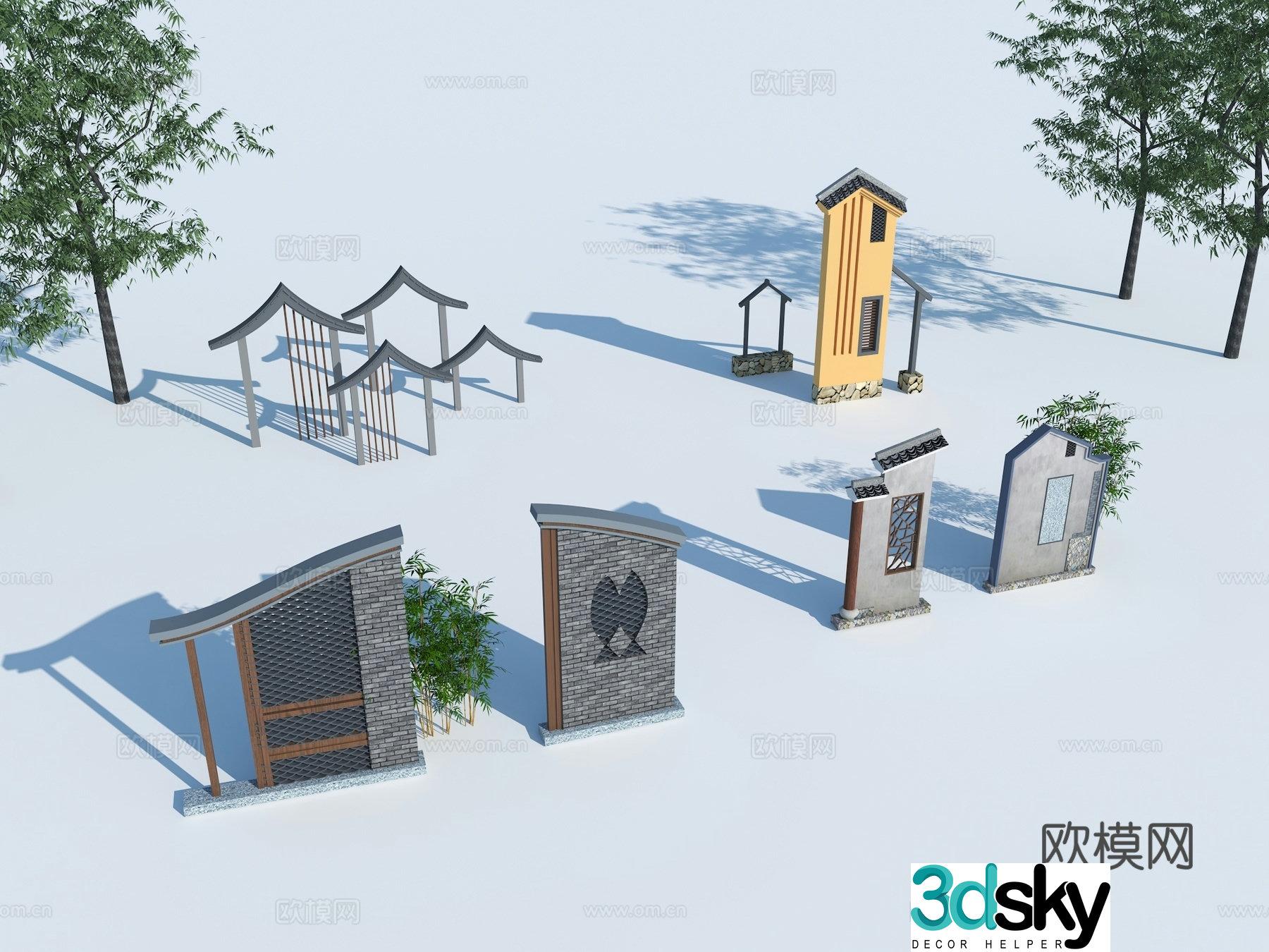 New Chinese style landscape wall spiritual fortress entrance landscape wall structure village logo 3D model