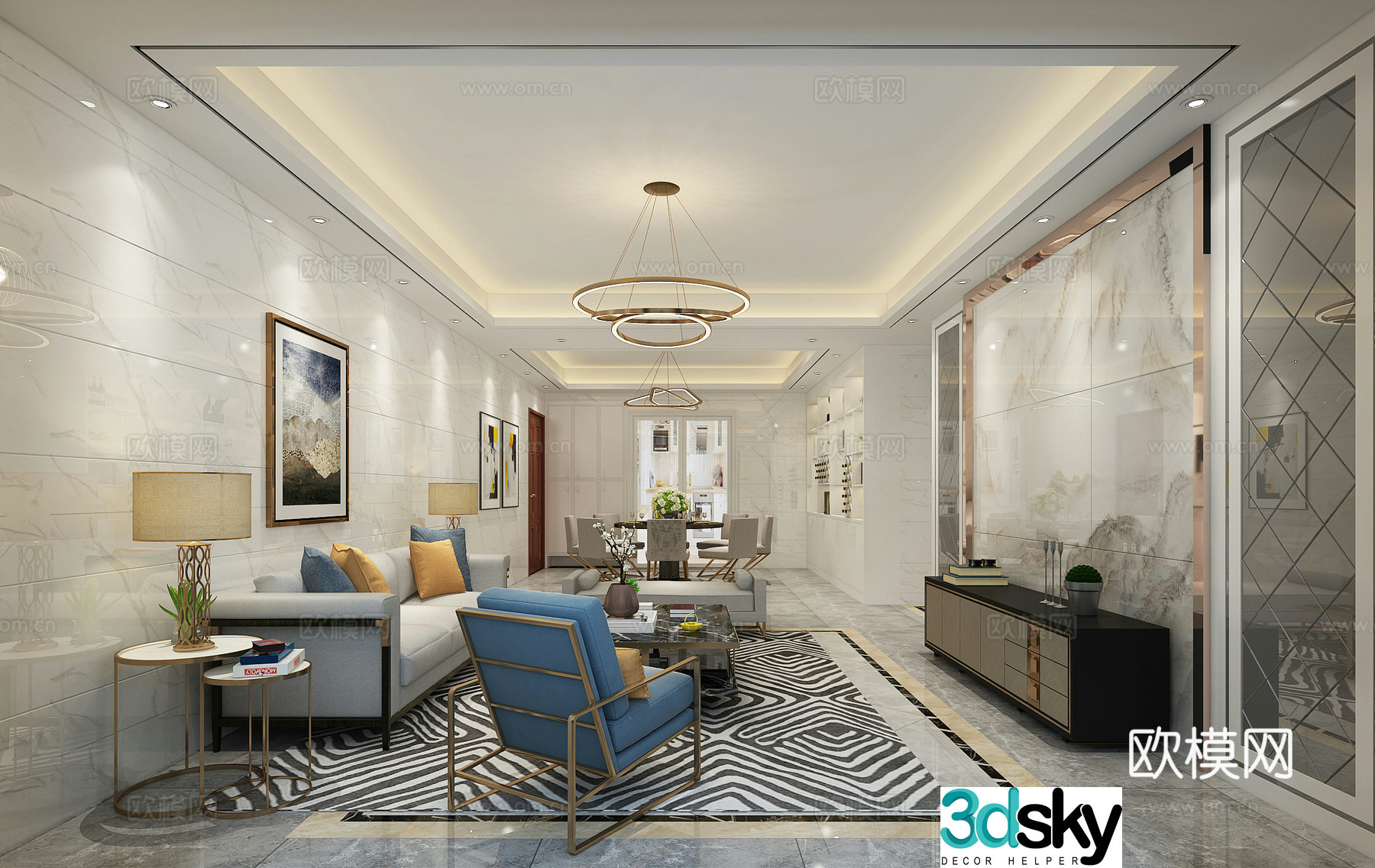 Postmodern living and dining room 3D model