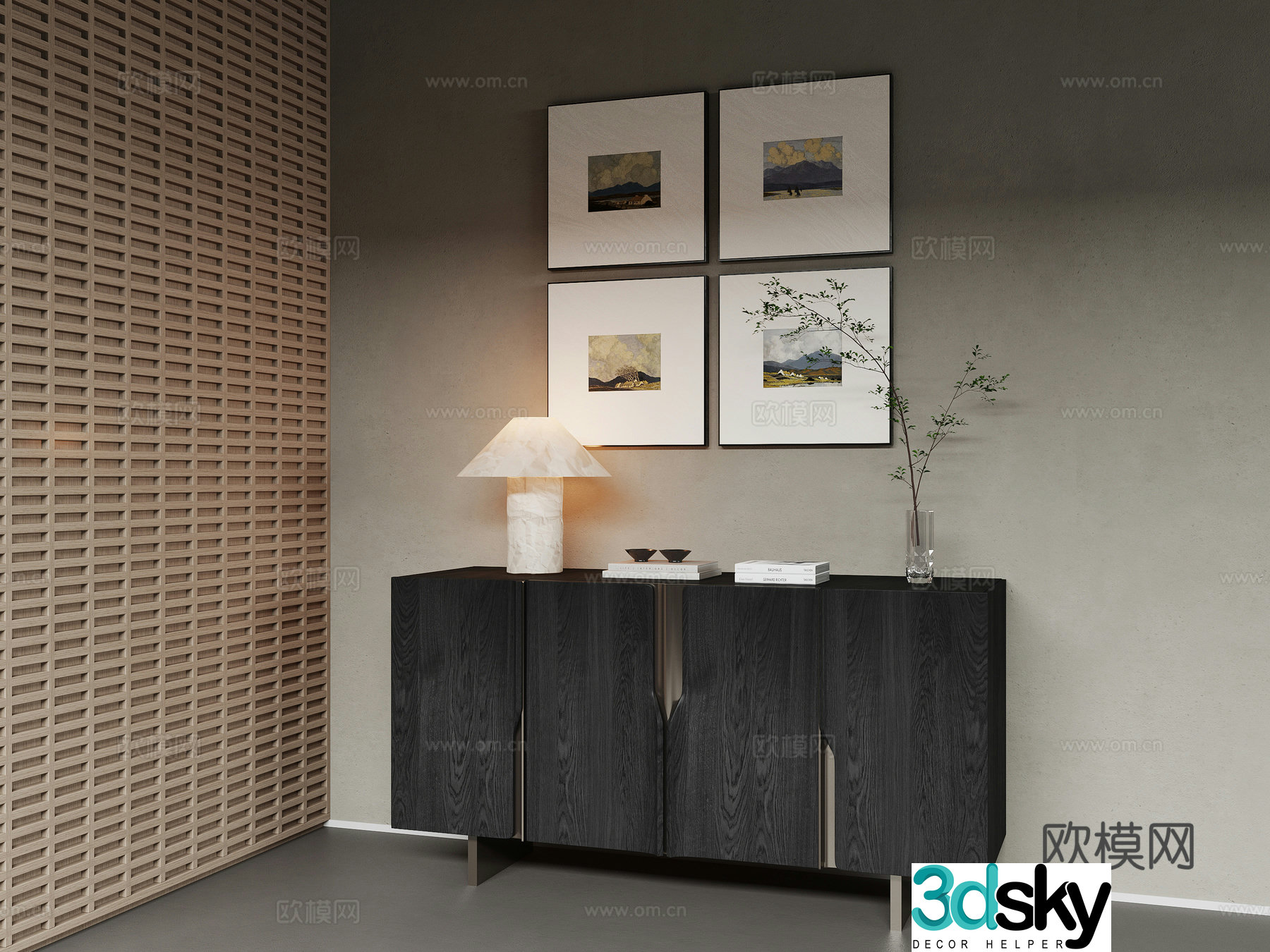 Modern side cabinet chest of drawers decorative paintings accessories desk lamps 3D model