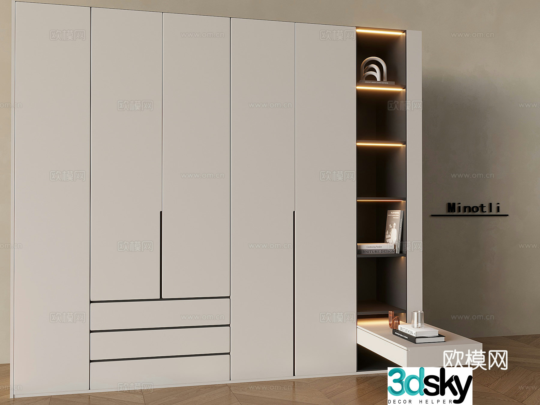 Nordic cream windbreaker solid wood wardrobe desk integrated 3D model