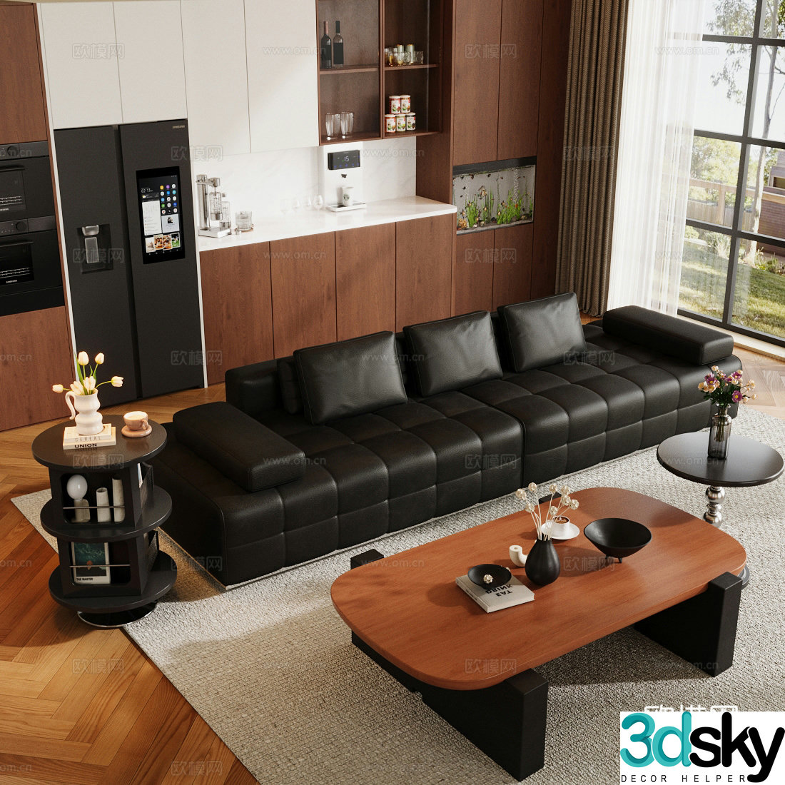 Middle-aged sofa combination Middle-aged living room sofa coffee table combination black leather sofa sofa chair 3D model