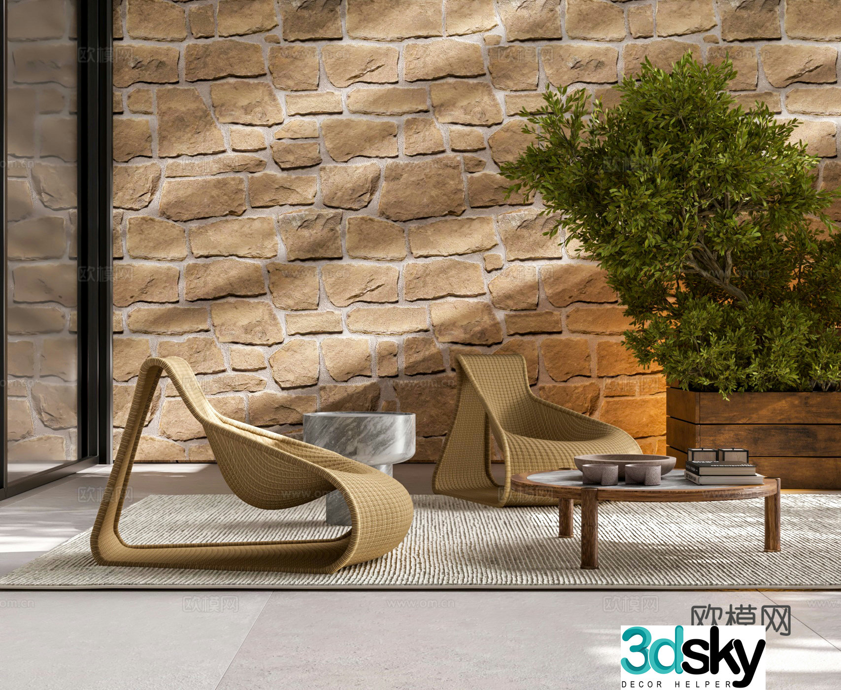 Driade outdoor rattan leisure chair coffee table combination flower bed plant outdoor chair brick wall 3d model