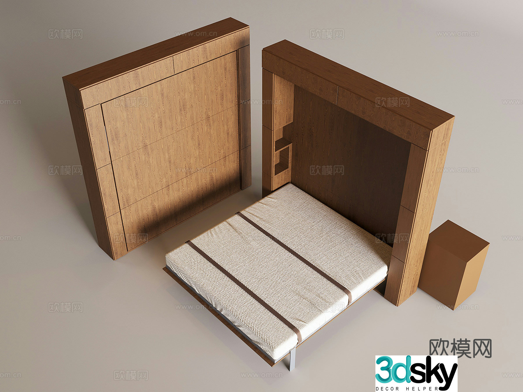 Invisible bed wardrobe integrated folding bed Murphy side rolling bed Middle style solid wood bed 3D model