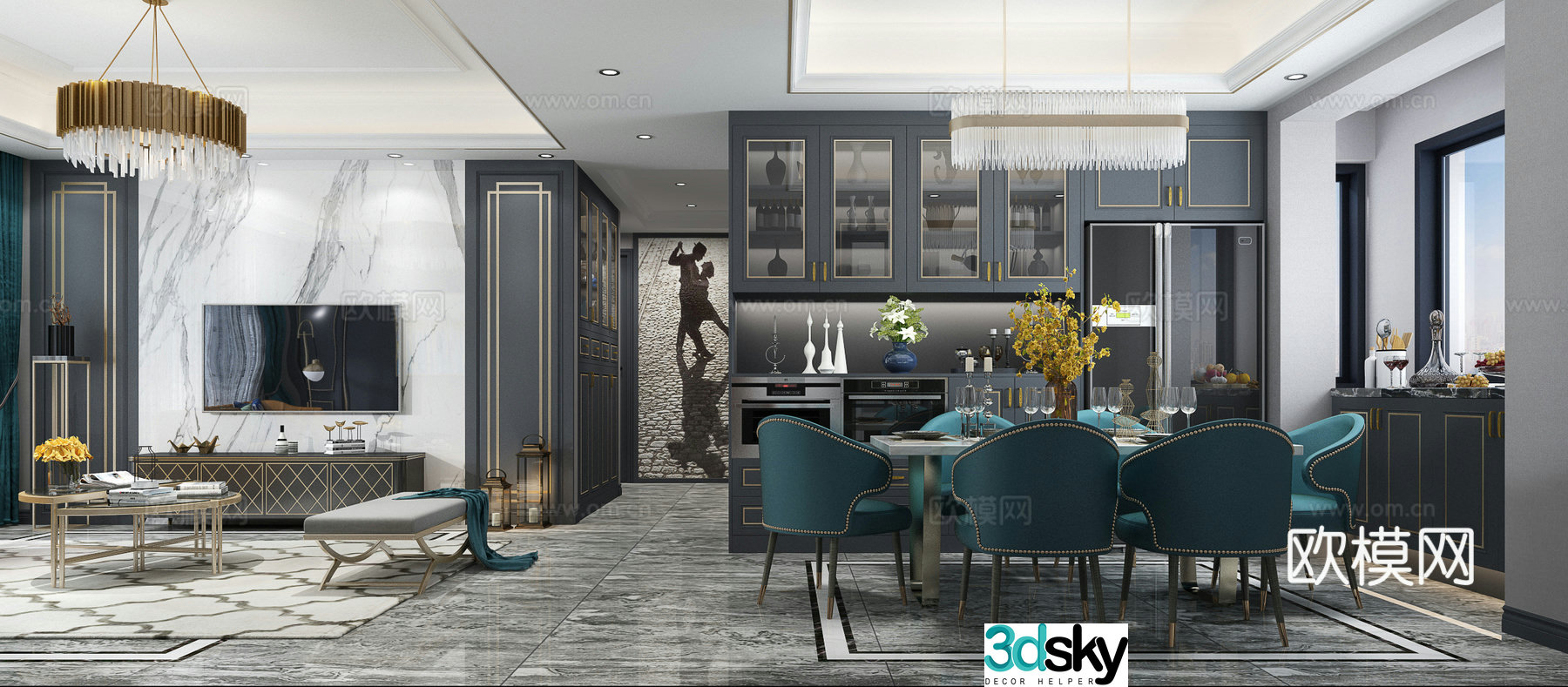 American modern living and dining table sofa TV cabinet carpet chandelier shoe cabinet 3d model