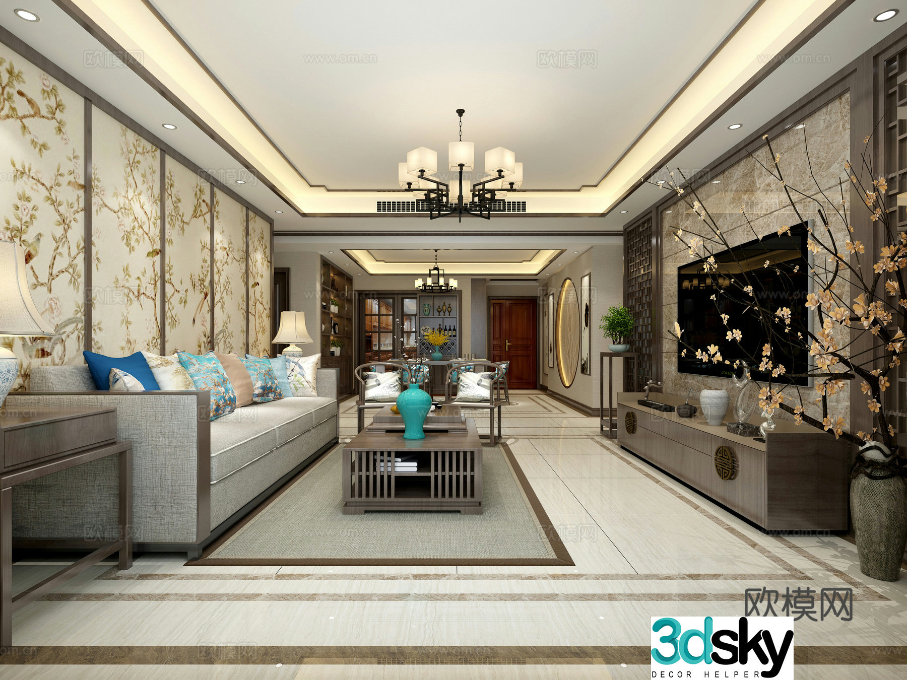 Chinese living and dining room sofa coffee table chandeliers TV cabinet carpet 3d model