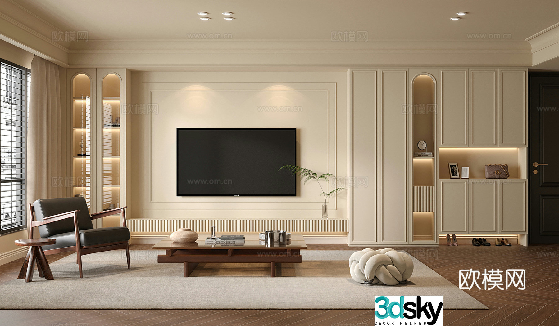 French cream home living room TV background cabinet leisure chair coffee table shoe cabinet 3d model