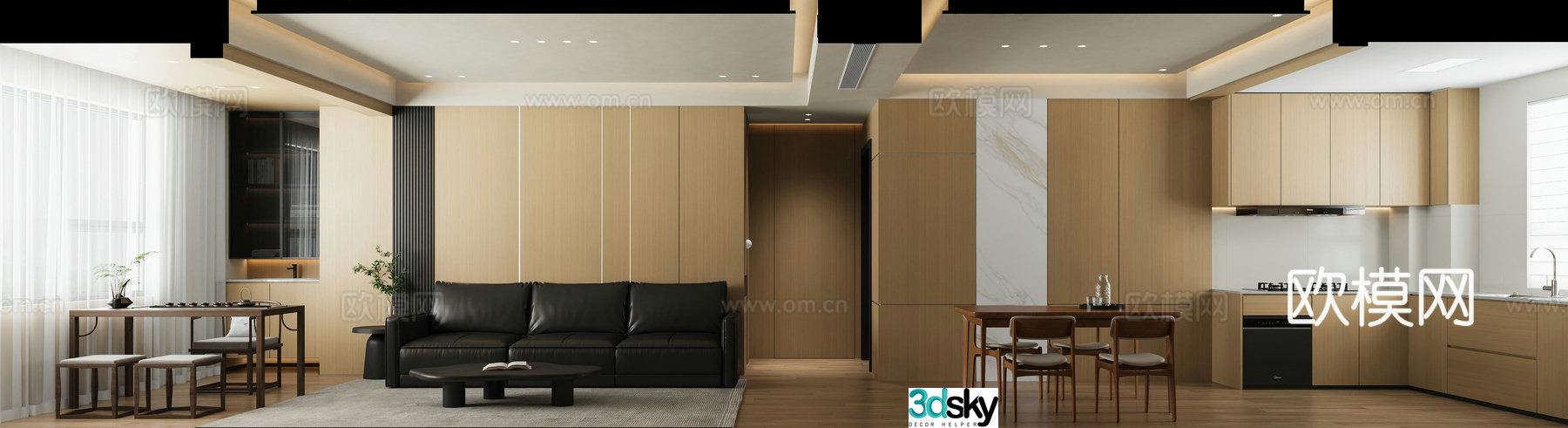 Modern log living and dining room 3d model