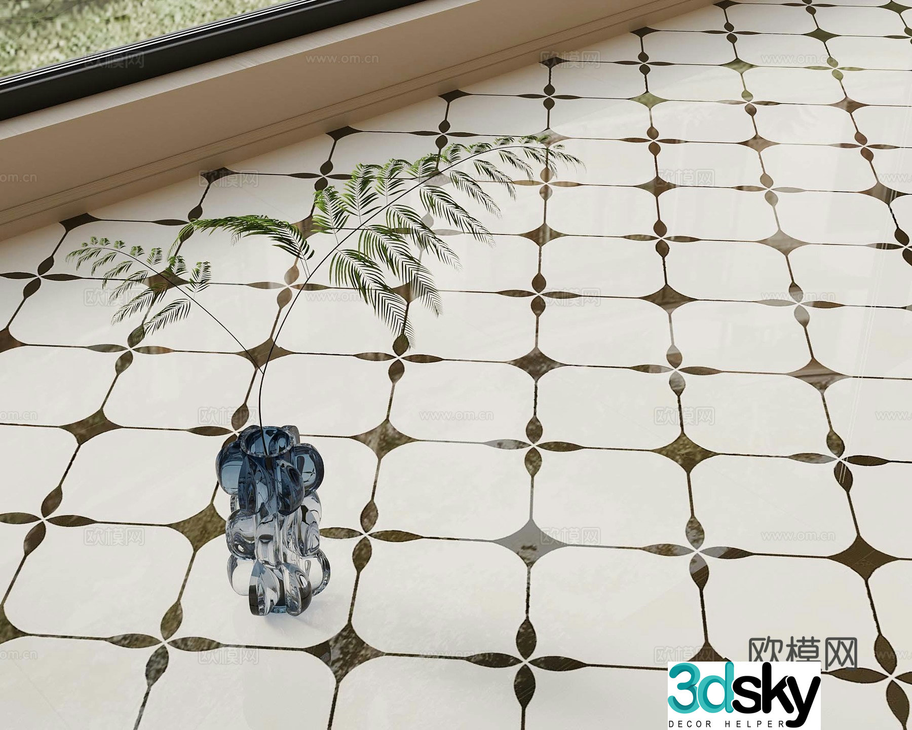 French medieval ceramic tiles seamless medieval small flower tiles 3d model