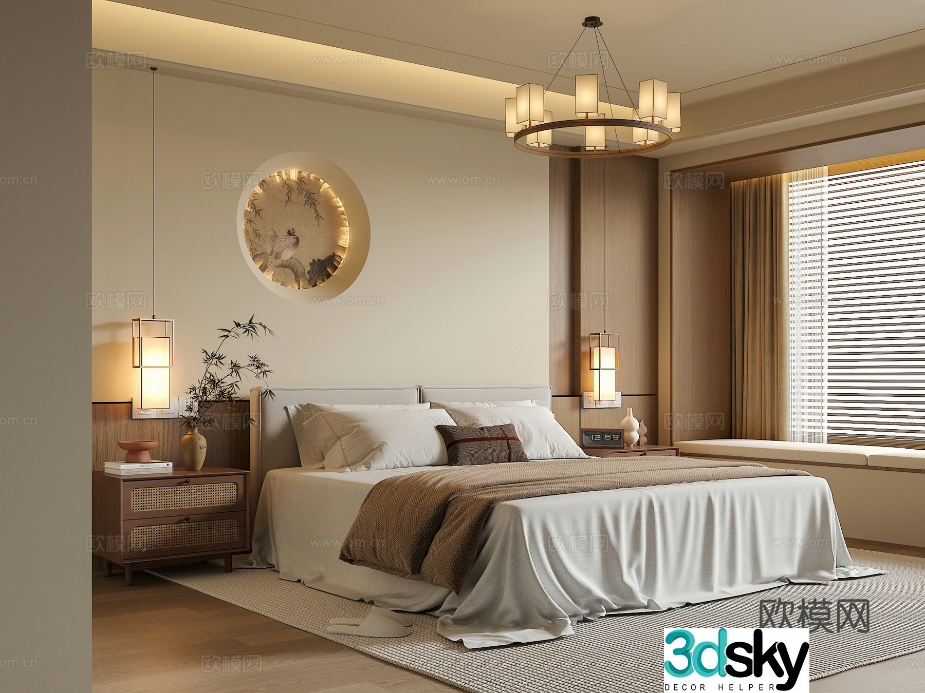 Song’s medieval style bedroom double bed combination bedside table chandeliers green plants ornaments background 3D model