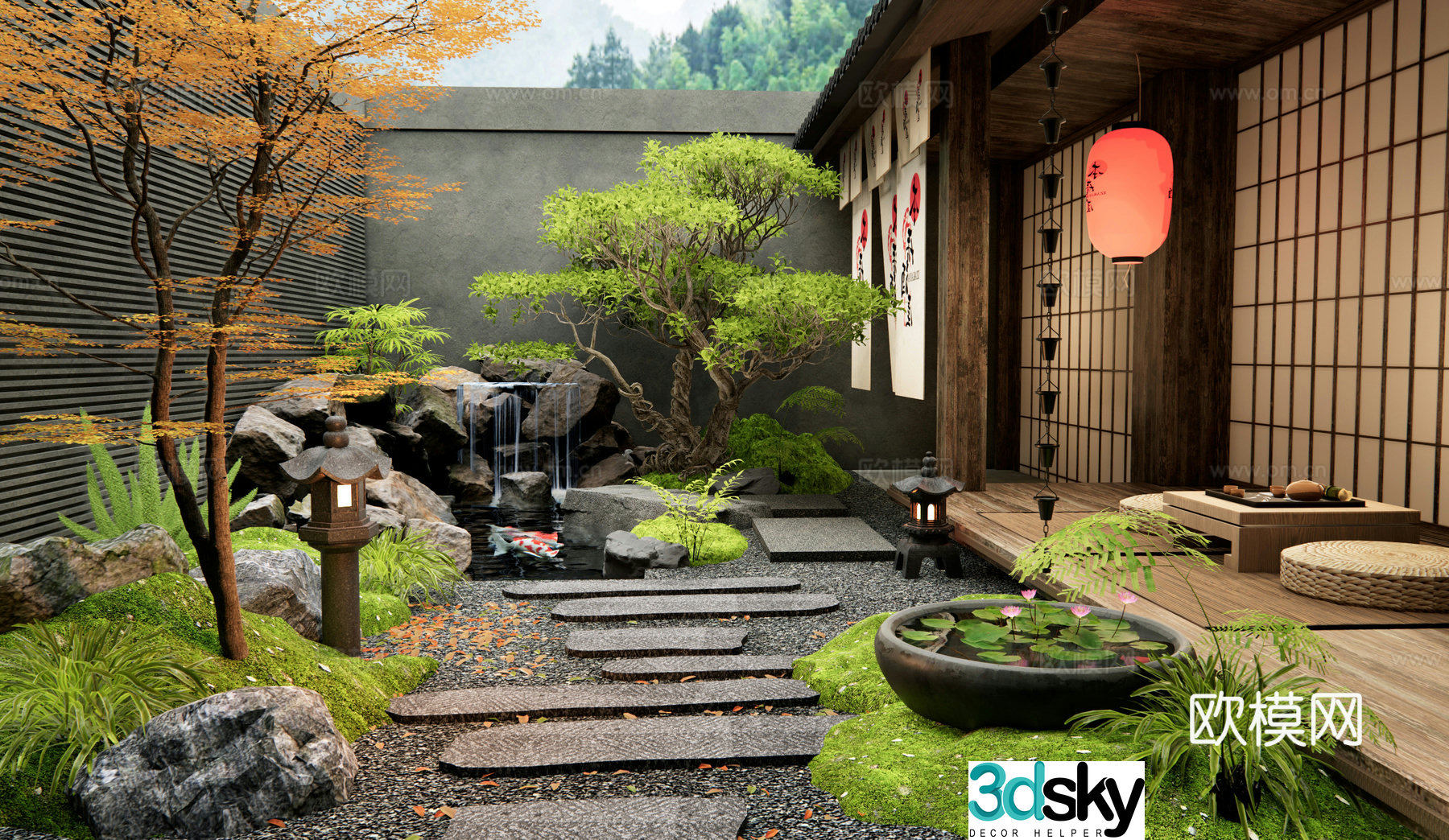 Japanese Zen courtyard landscape rockery bluestone bryophyte water bowl rain chain 3D model
