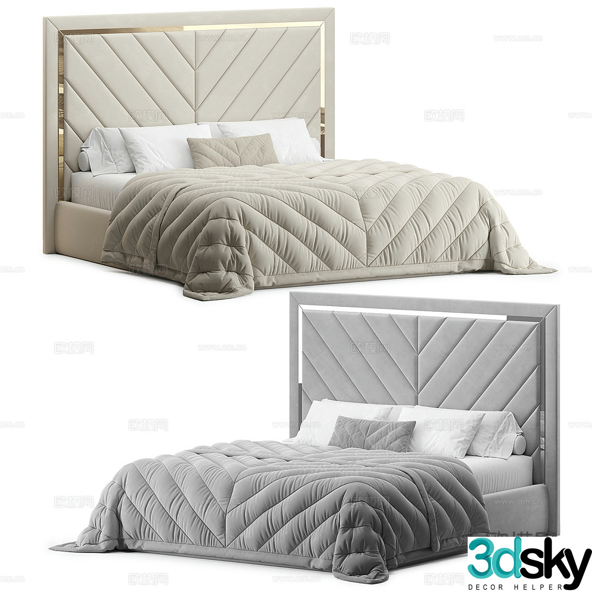 Modern Italian light luxury fabric double bed 3D model