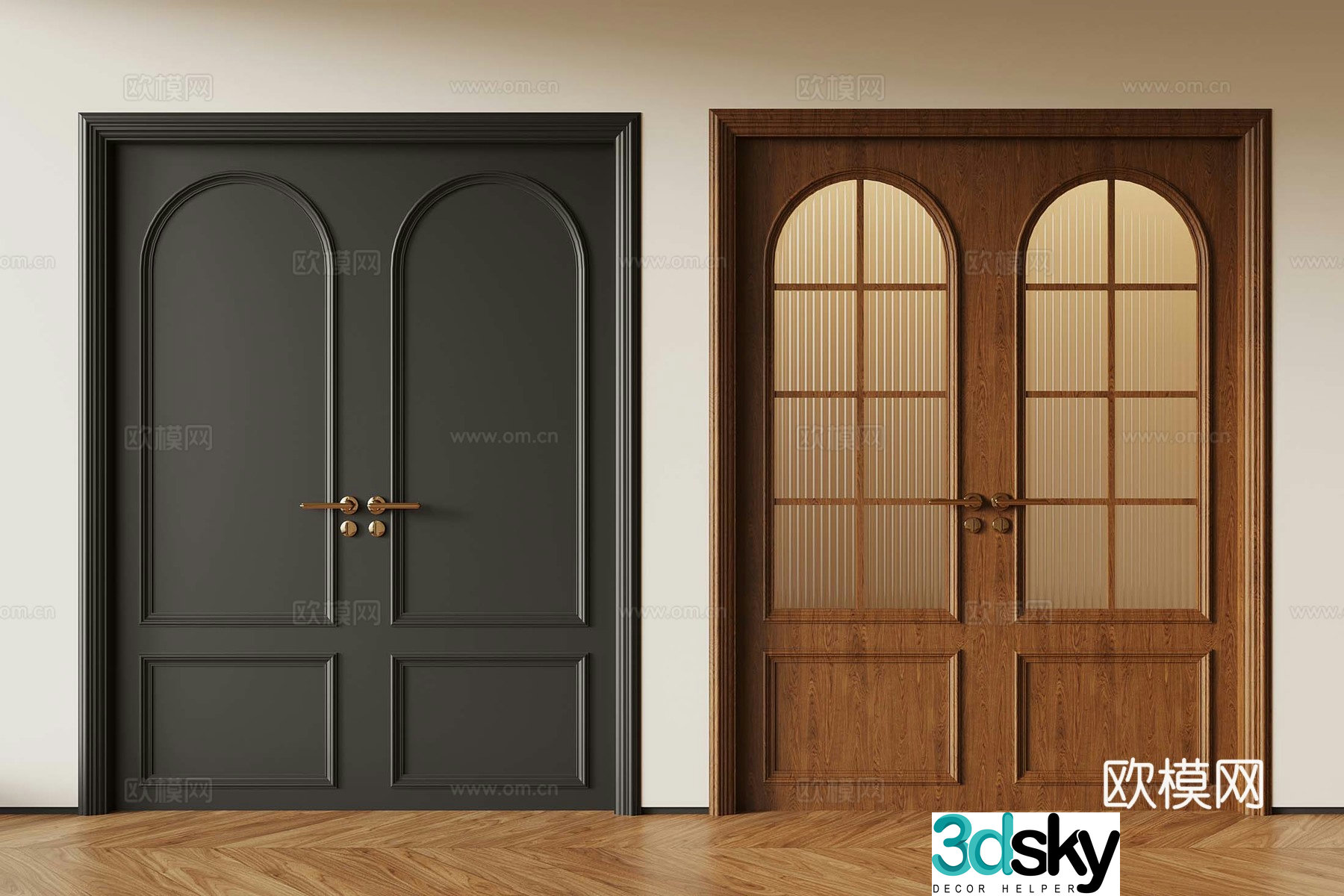 French medieval double-opening door retro wooden door glass double-opening door 3D model