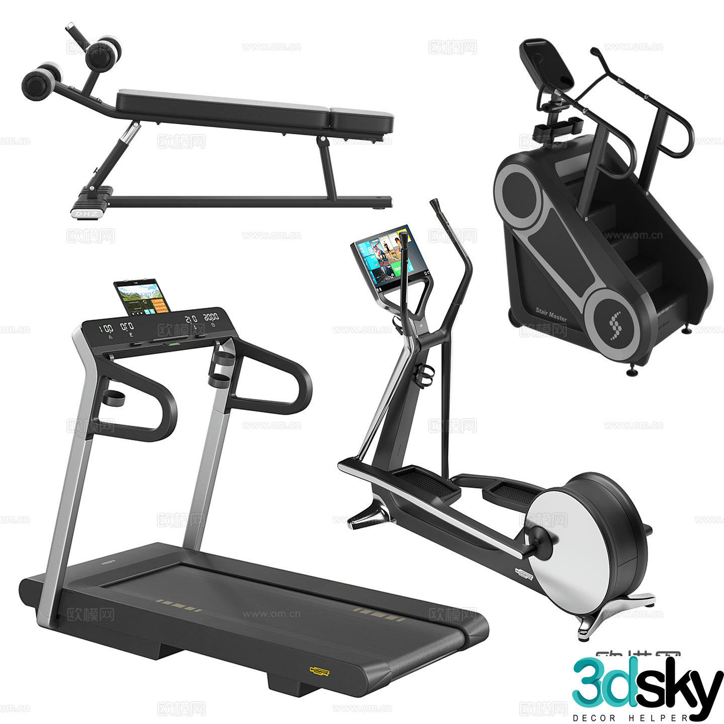 Modern fitness equipment combination, treadmill, elliptical machine, stair climbing machine, abdominal muscle board 3D model