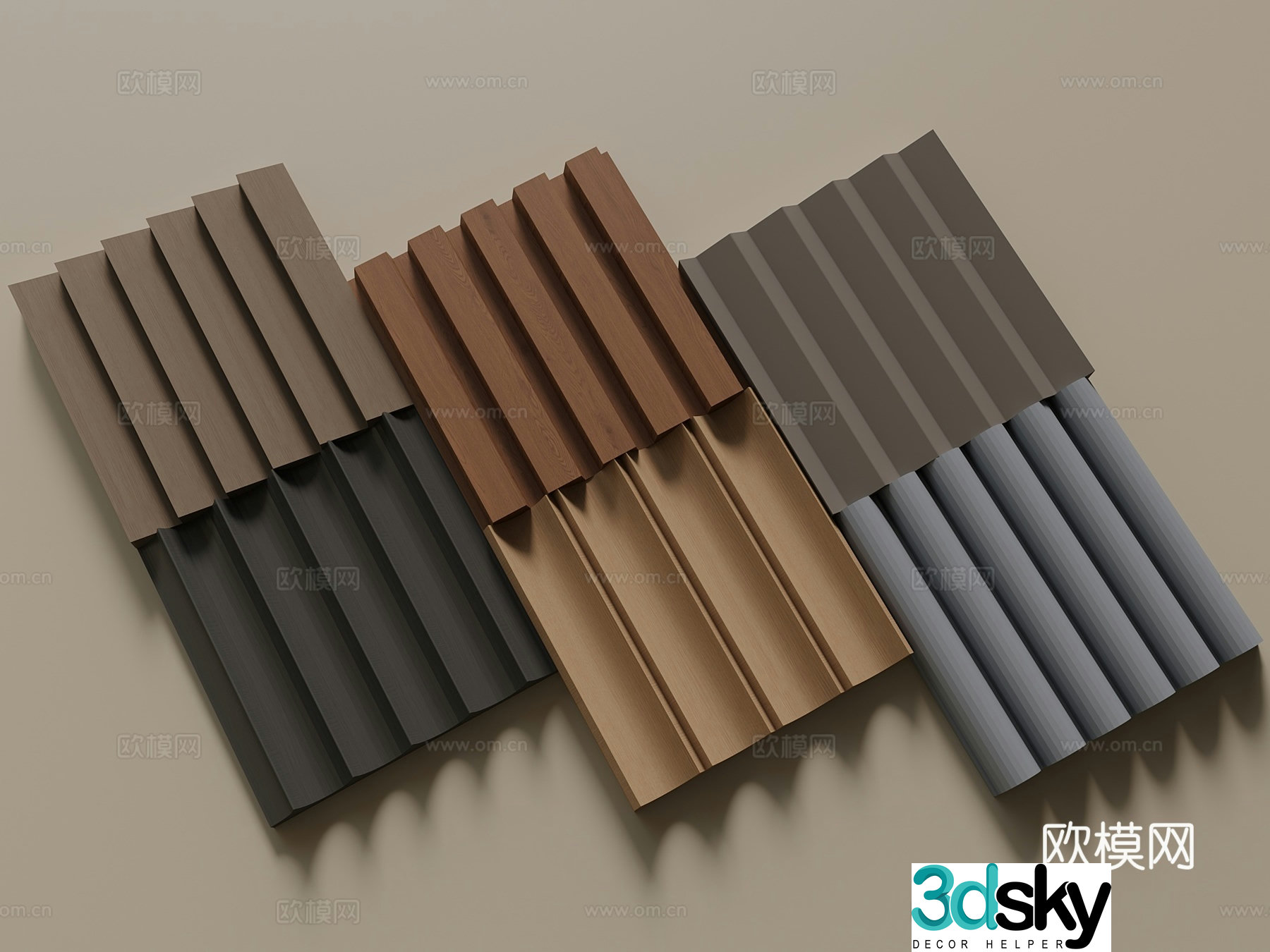 New Chinese style modern wavy board wall panel grille board Great Wall board Wood grille 3D model