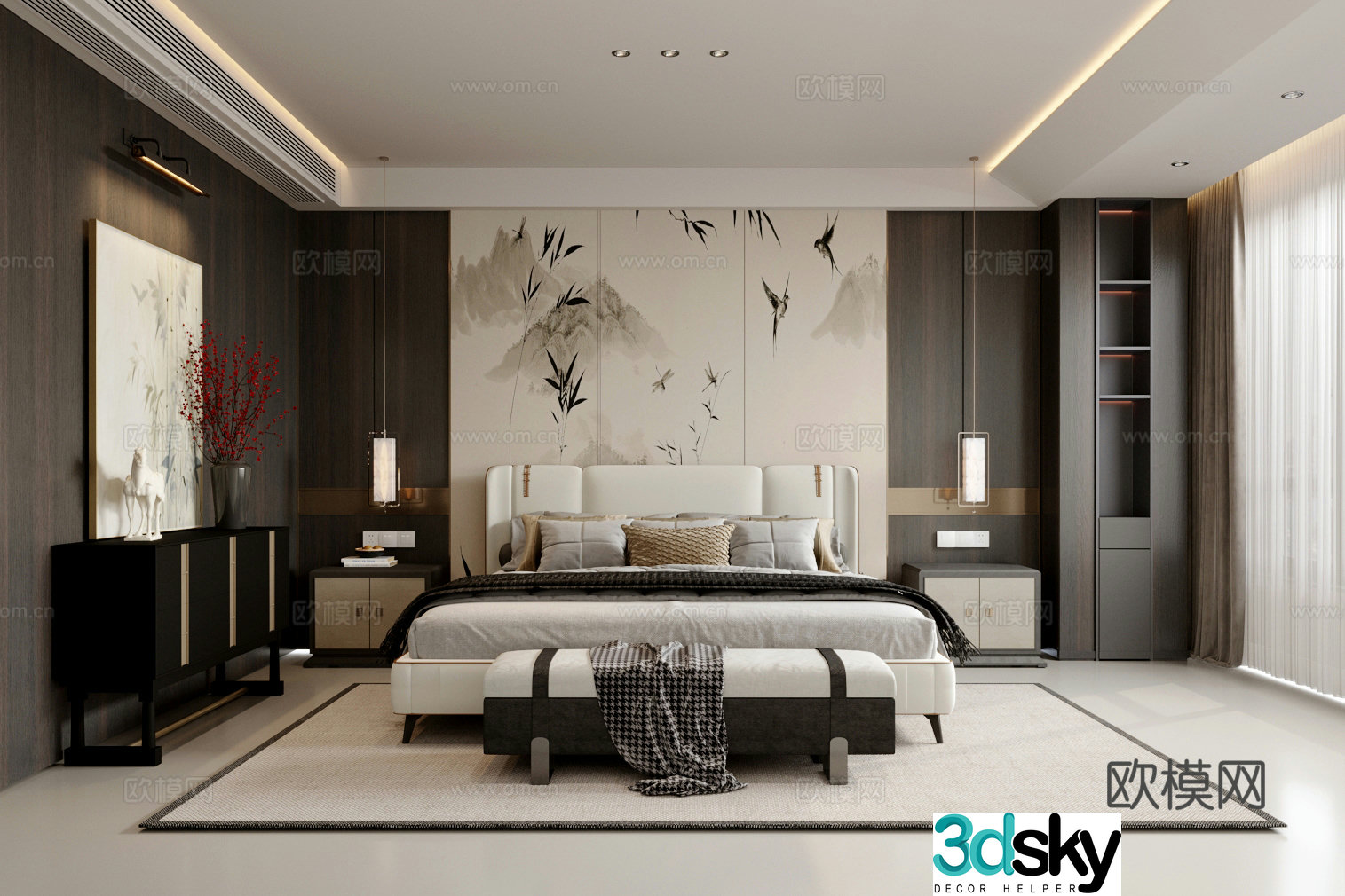 New Chinese style bedroom master bedroom side cabinet chest of cabinets 3D model