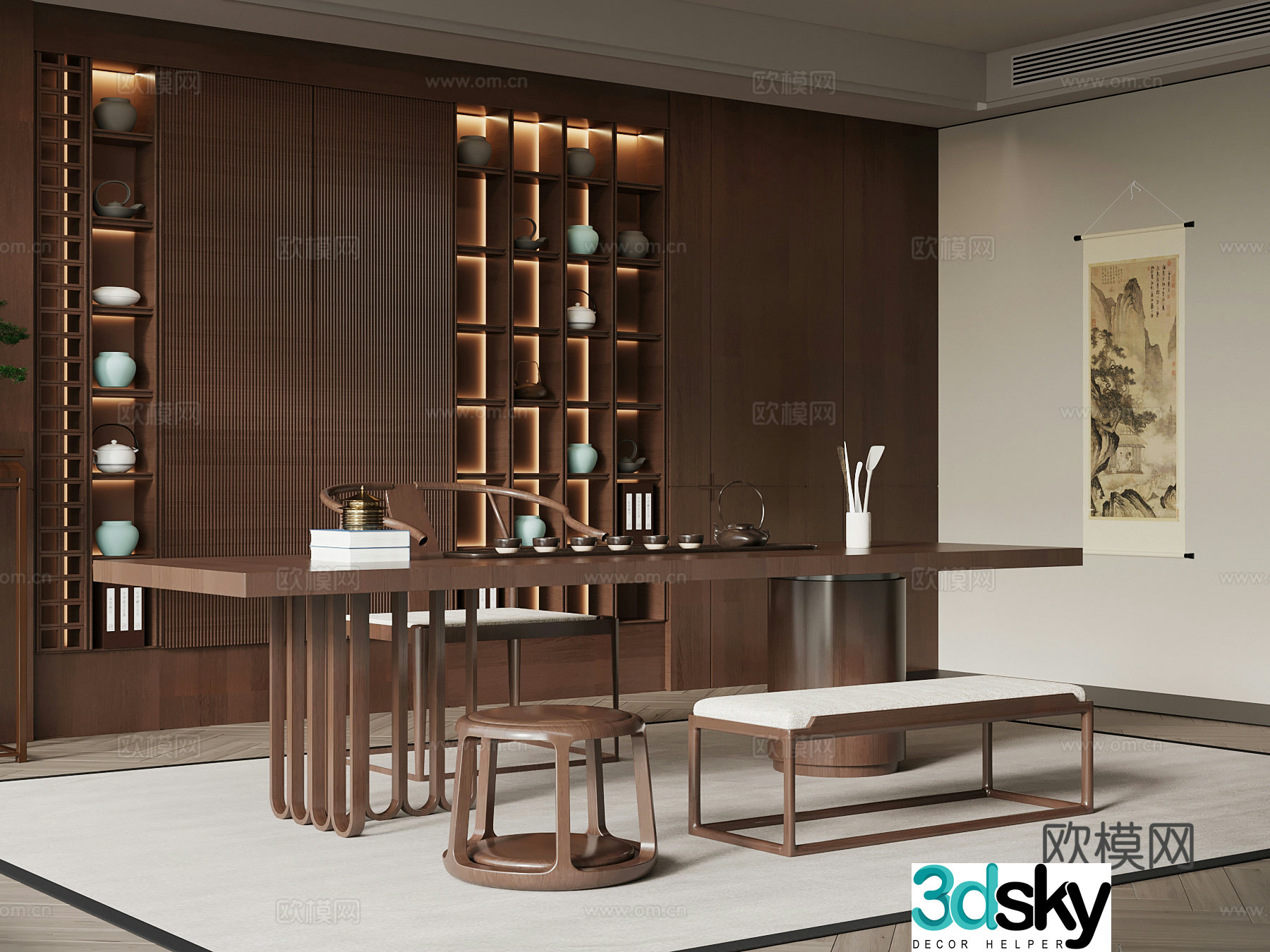 Tea room New Chinese style tea room Tea table and chair Tea cabinet 3D model