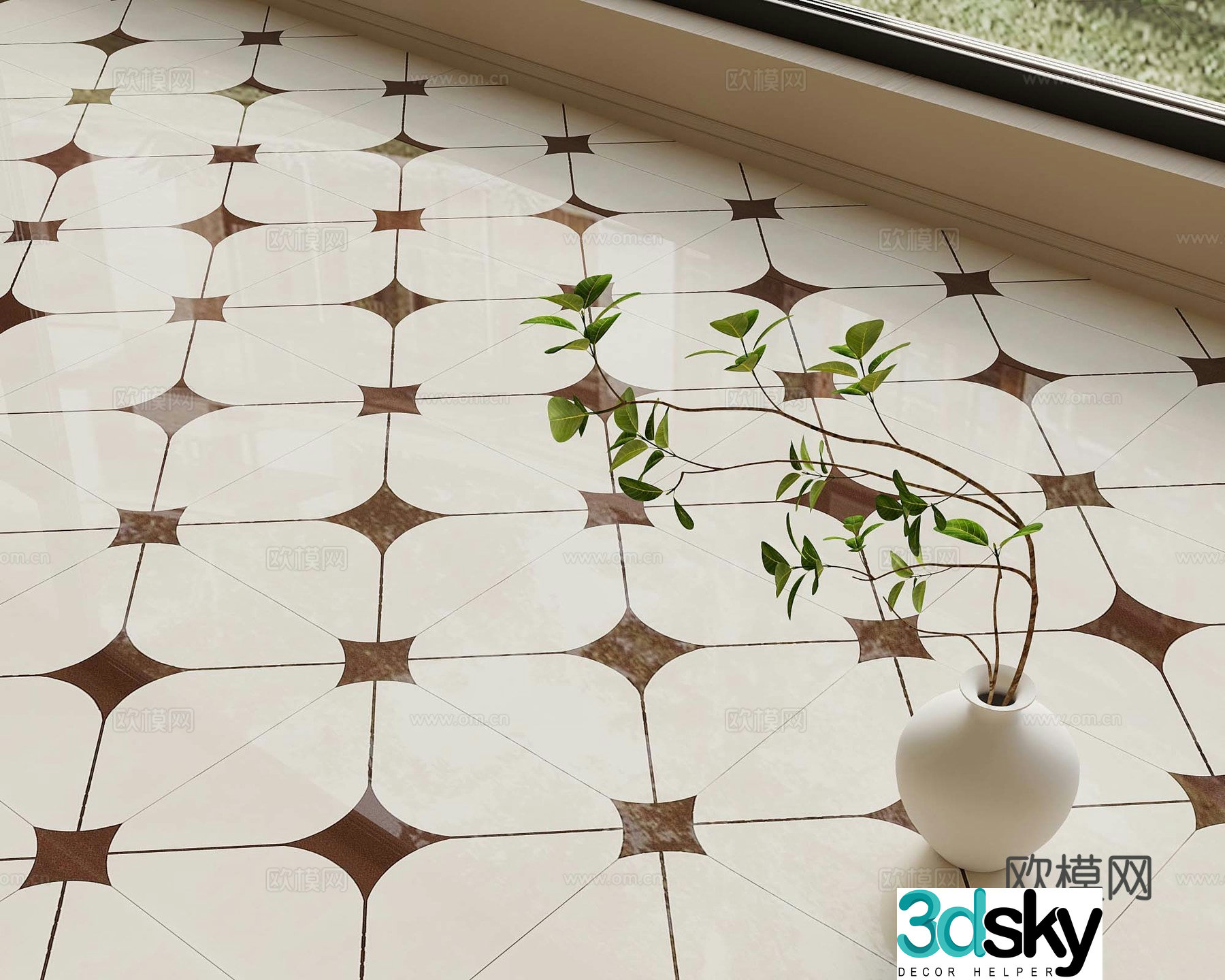 French medieval ceramic tiles seamless medieval small flower tiles 3d model