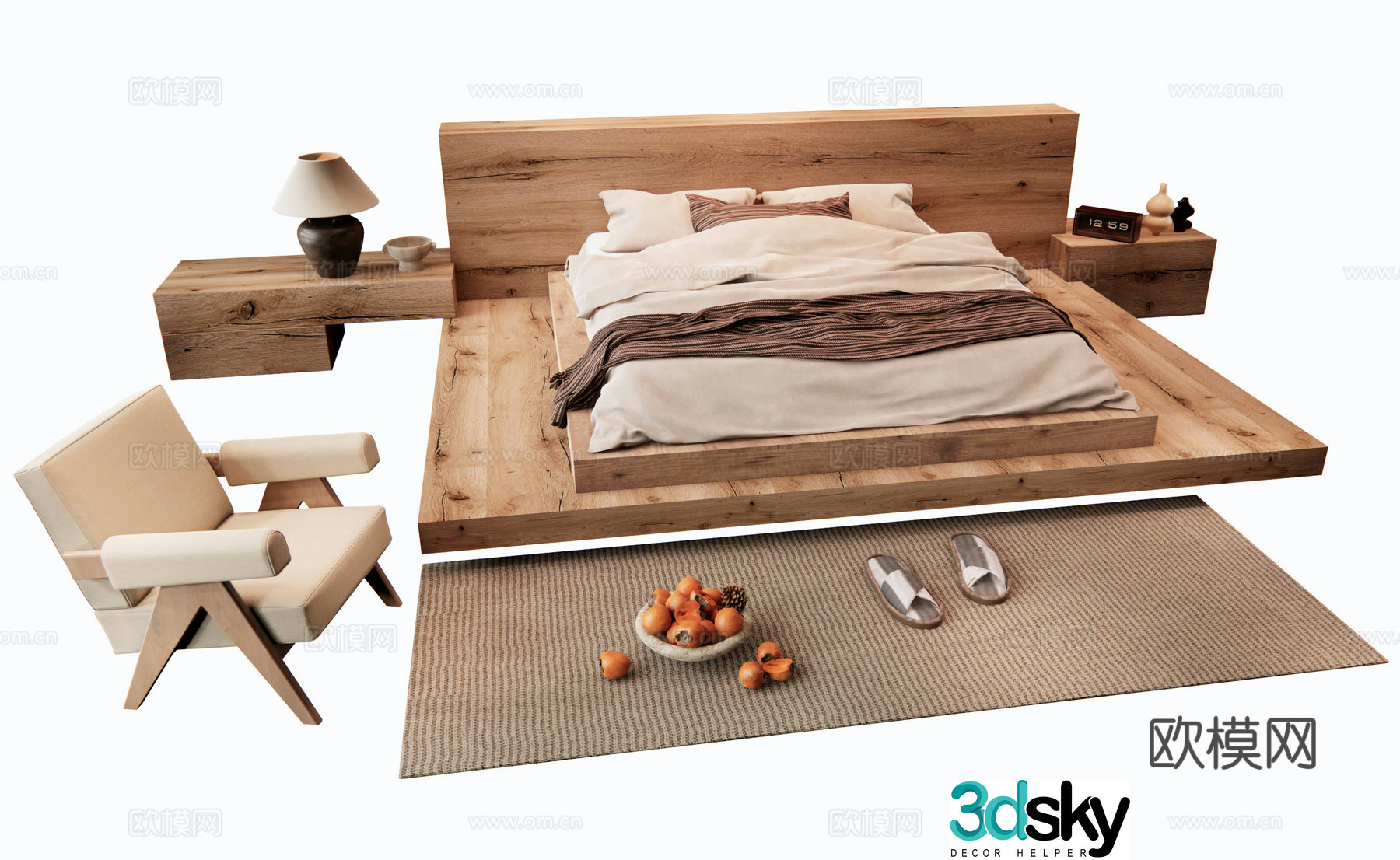 Wasabi B&B Double Bed Log Double Bed Leisure Chair 3D Model