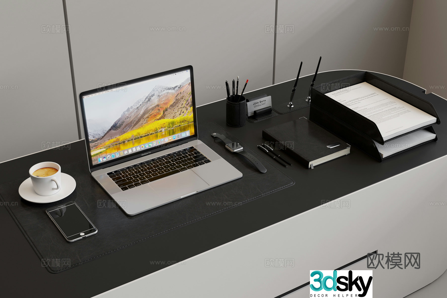 laptop tablet mobile phone watch pen coffee cup office stationery 3d model