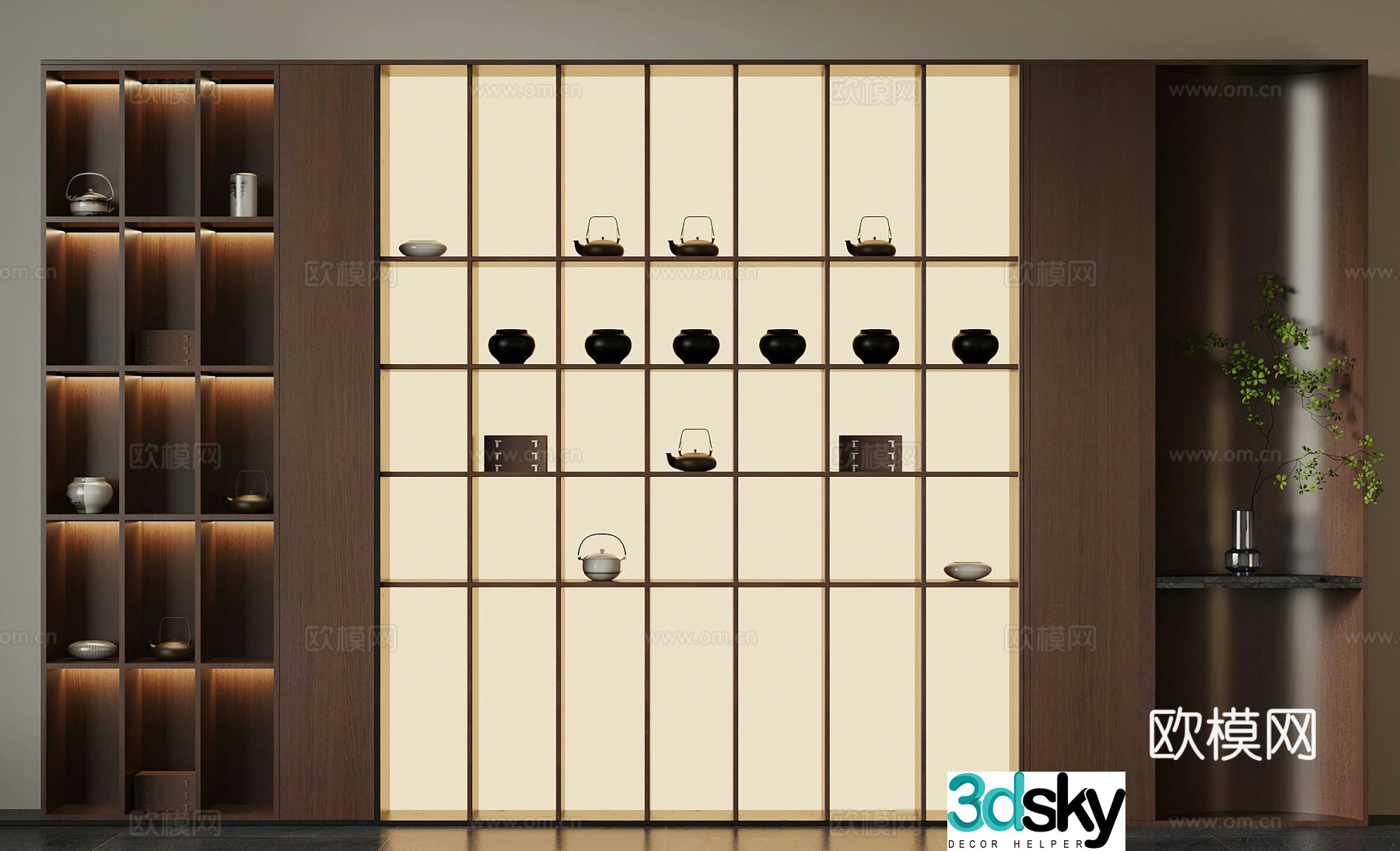 Tea cabinet new Chinese style tea cabinet tea room background wall 3D model