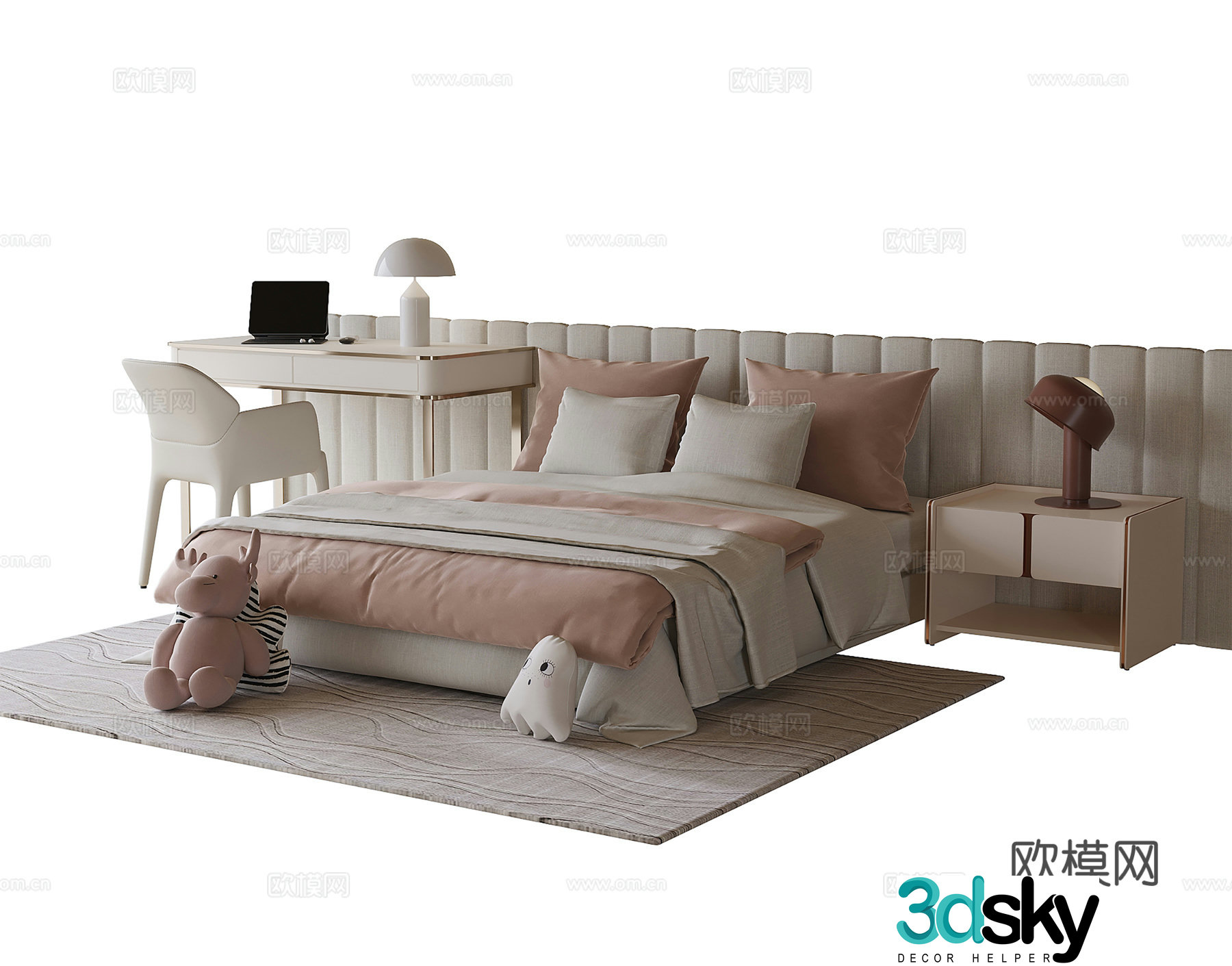 Modern children’s bed single bed dressing table desk chair 3d model
