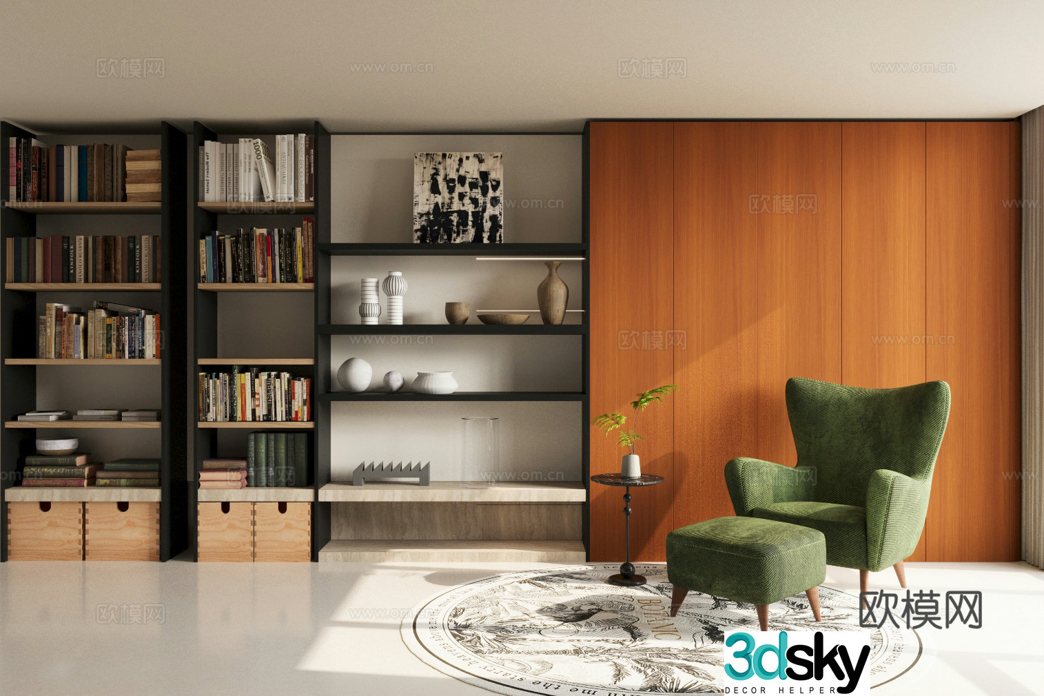Middle-aged bookcase solid wood bookcase book ornament combination single casual chair 3D model