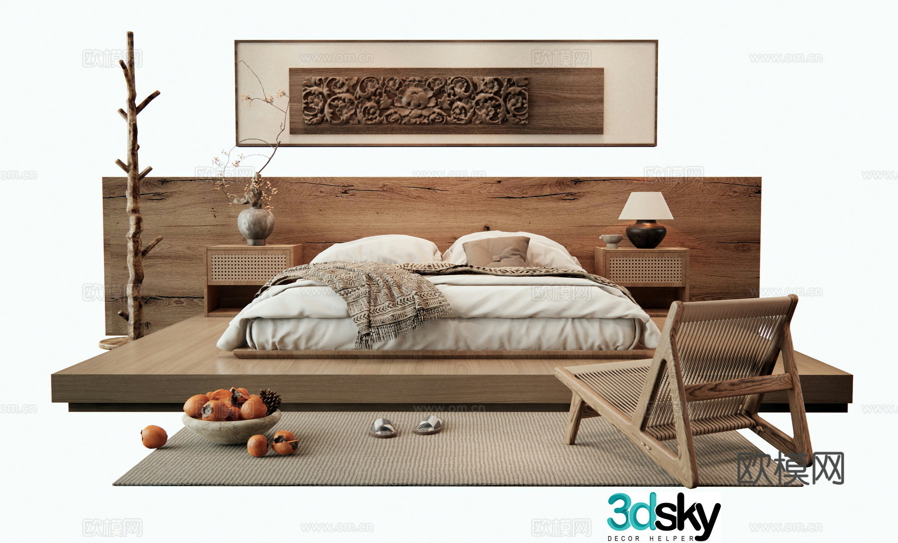 Wasabi Middle Style Bed and Bedroom Double Bed Wall Decoration Bedside Table Leisure Chair Vase Ornament 3D Model
