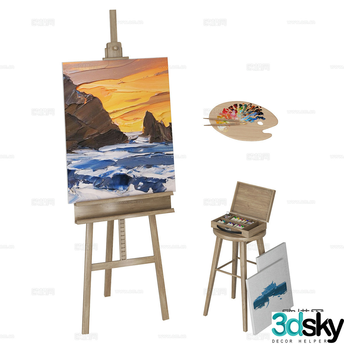 Modern painting tools combination set 3d model