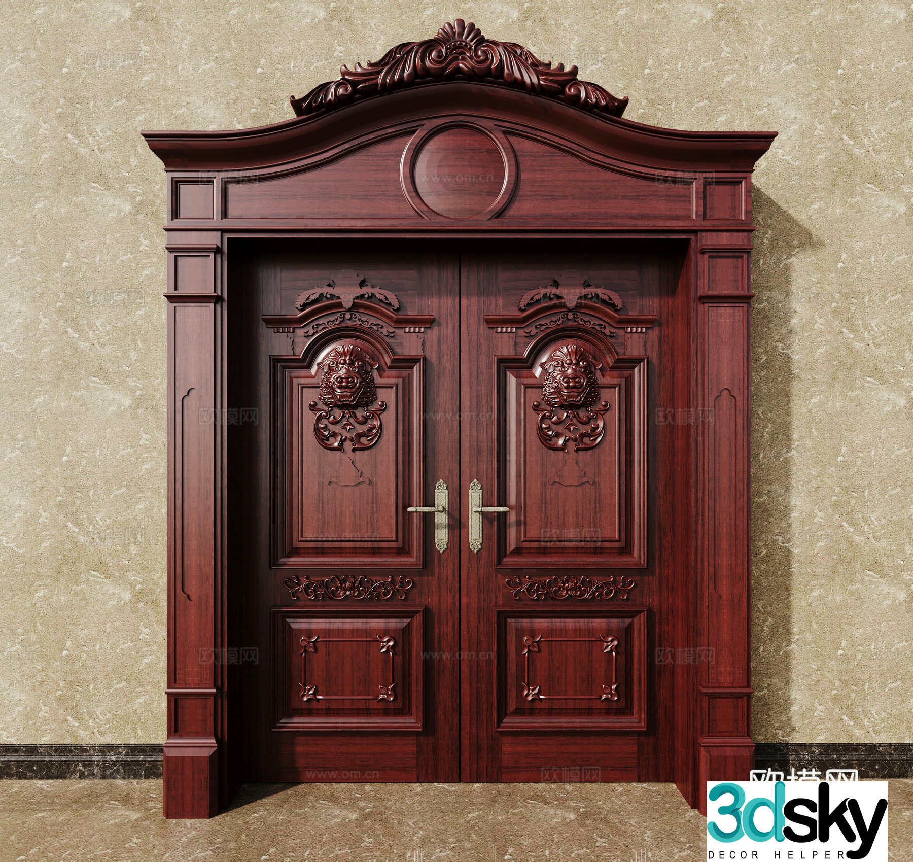 European style double-open door carved entrance door garden door lintel 3D model